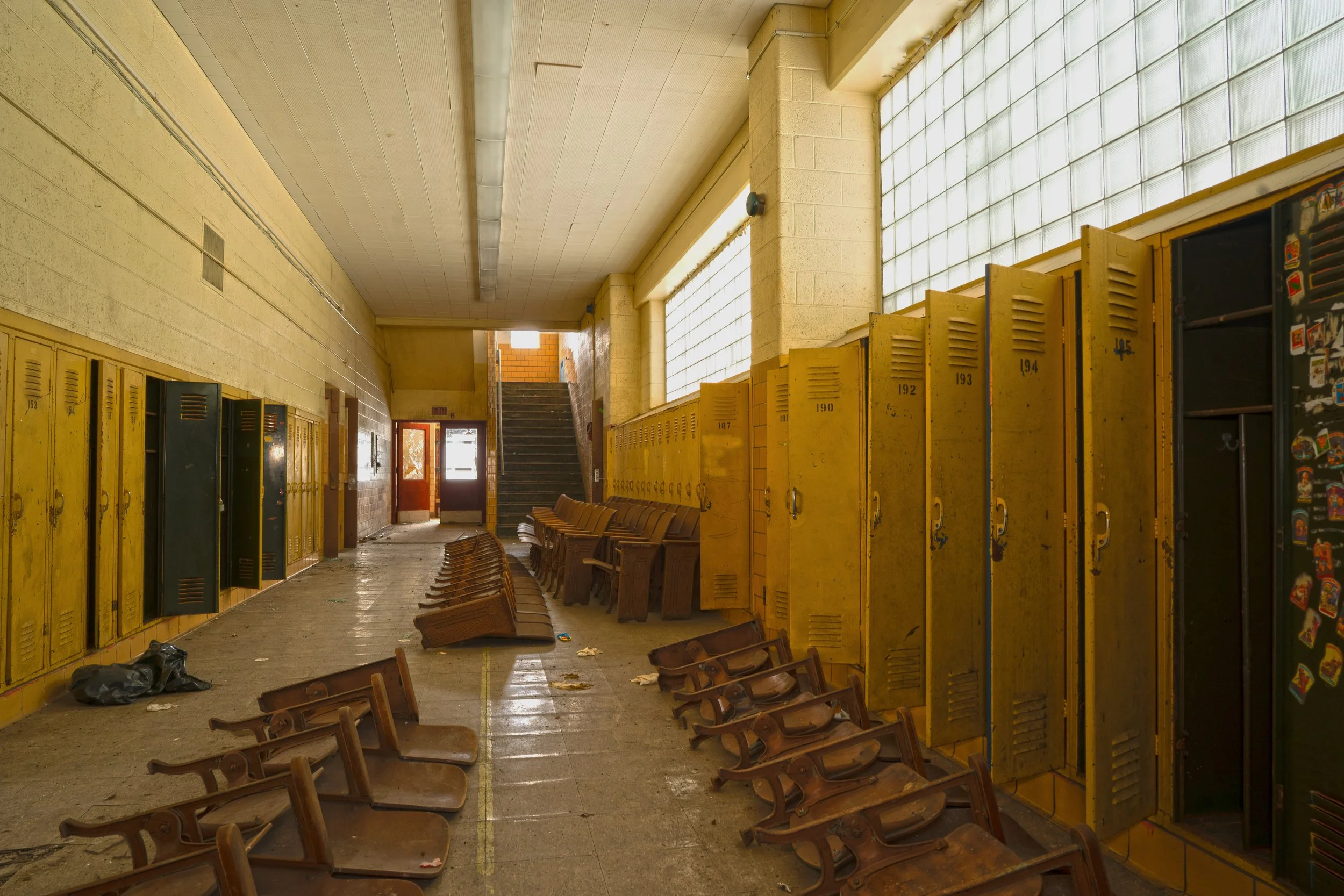 1st floor hallway (Original auditorium seating has been stored here) 