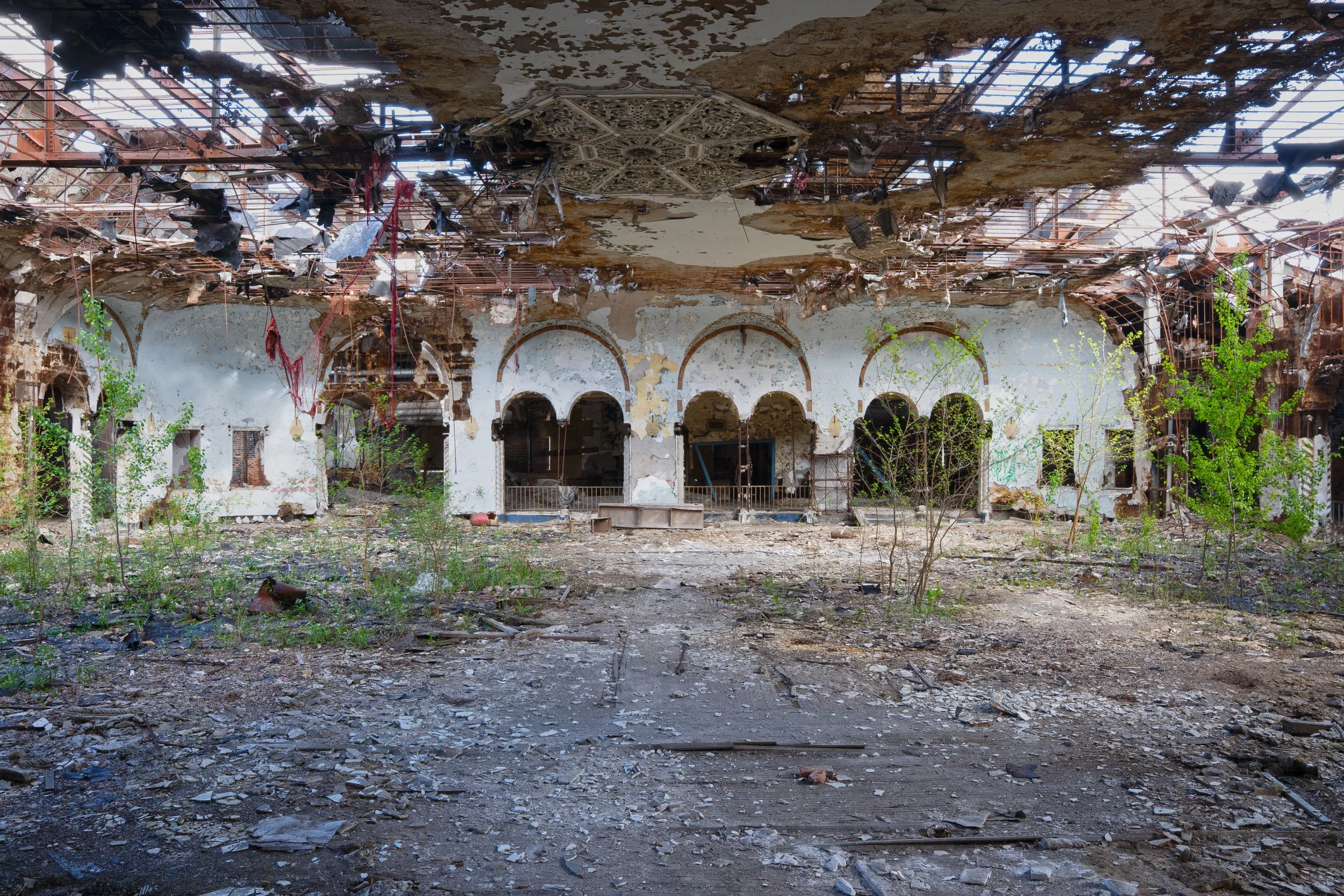 The ballroom floor is heavily decayed however still able to be walked on due to a concrete floor below