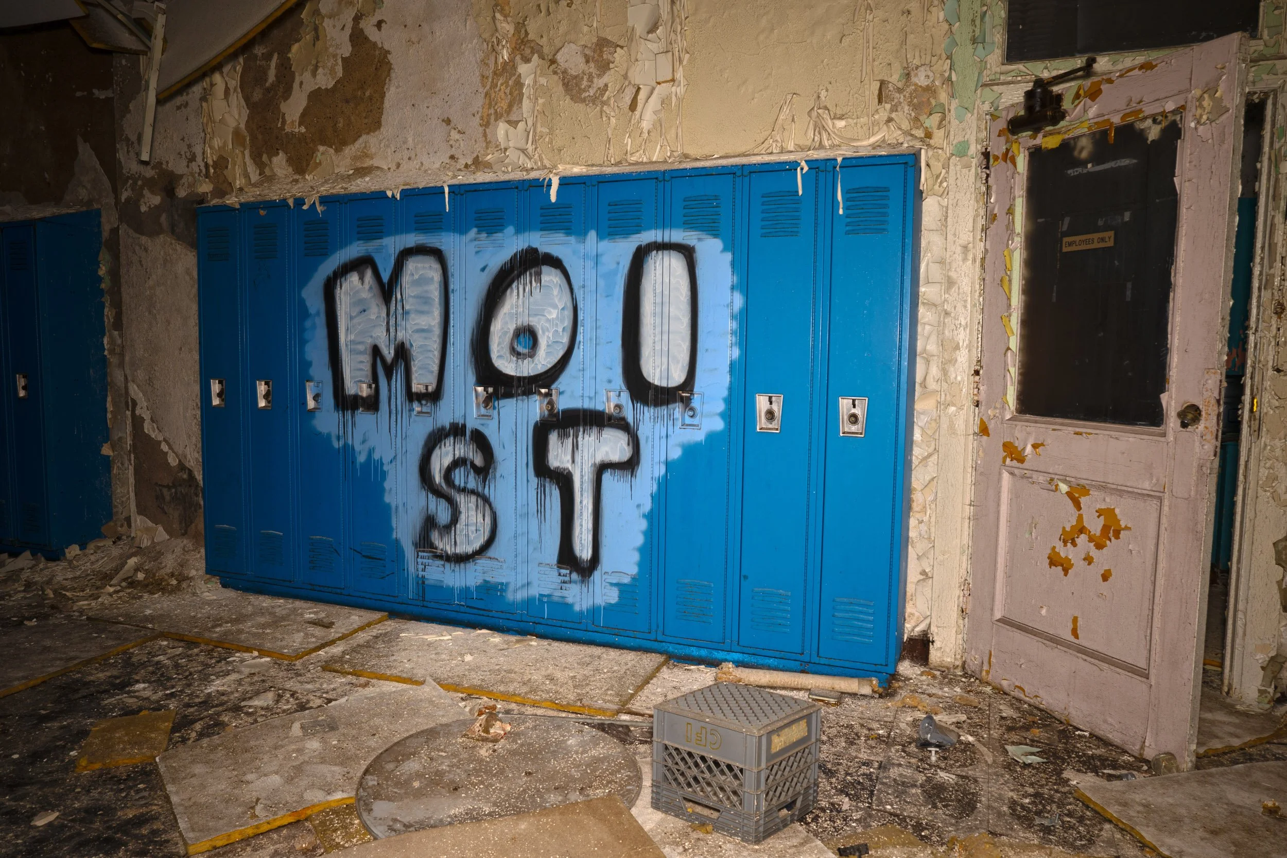 2nd floor lockers with a graffiti tag on them