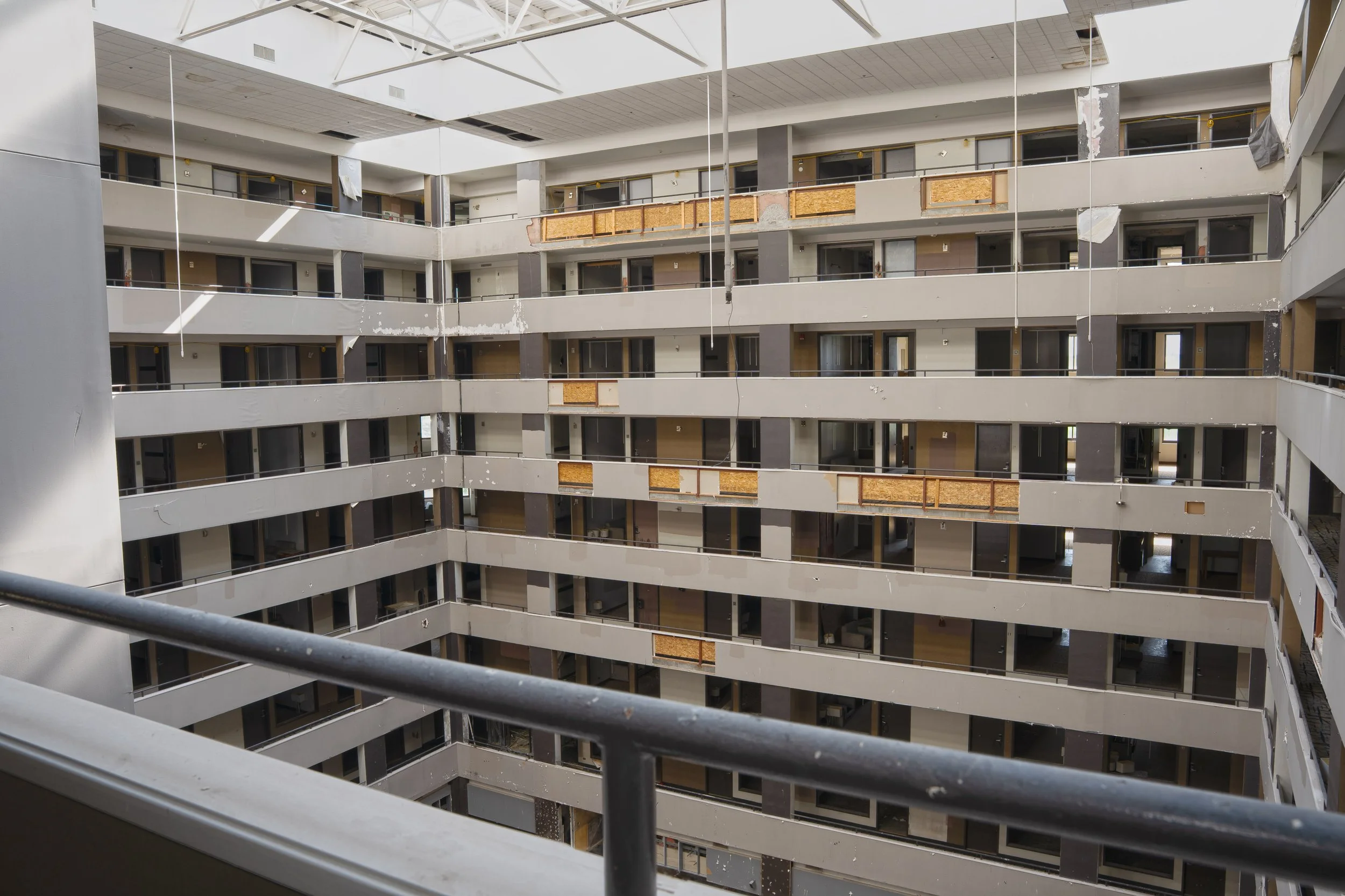 7th floor looking out at the atrium next to the elevator bank