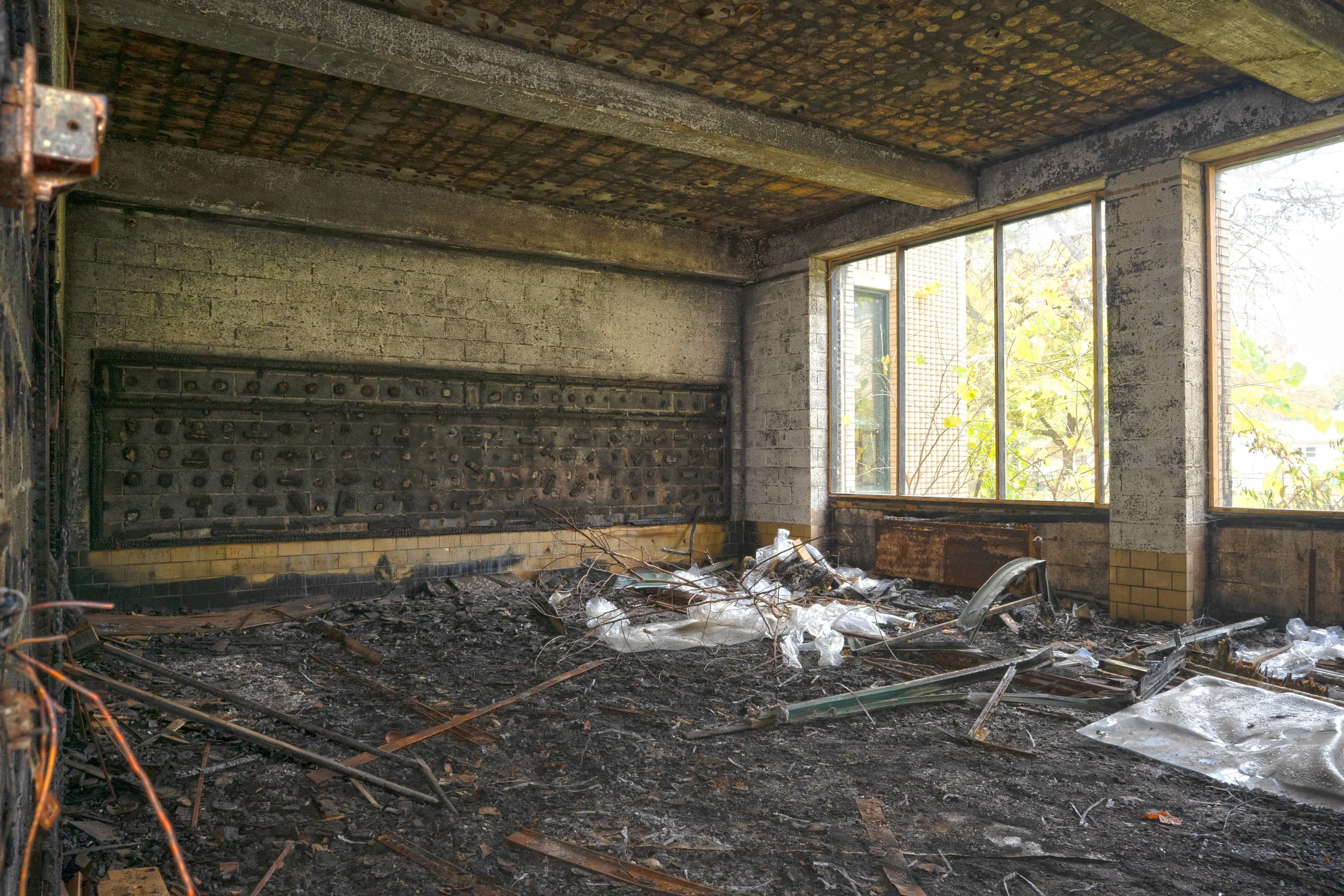 A burnt out classroom on the 1st floor