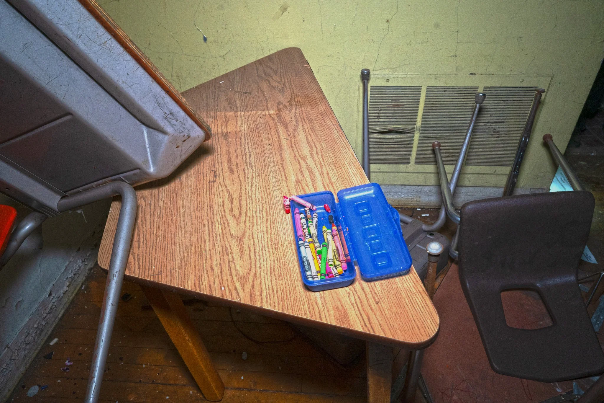 Crayons still intact in a 1st floor classroom