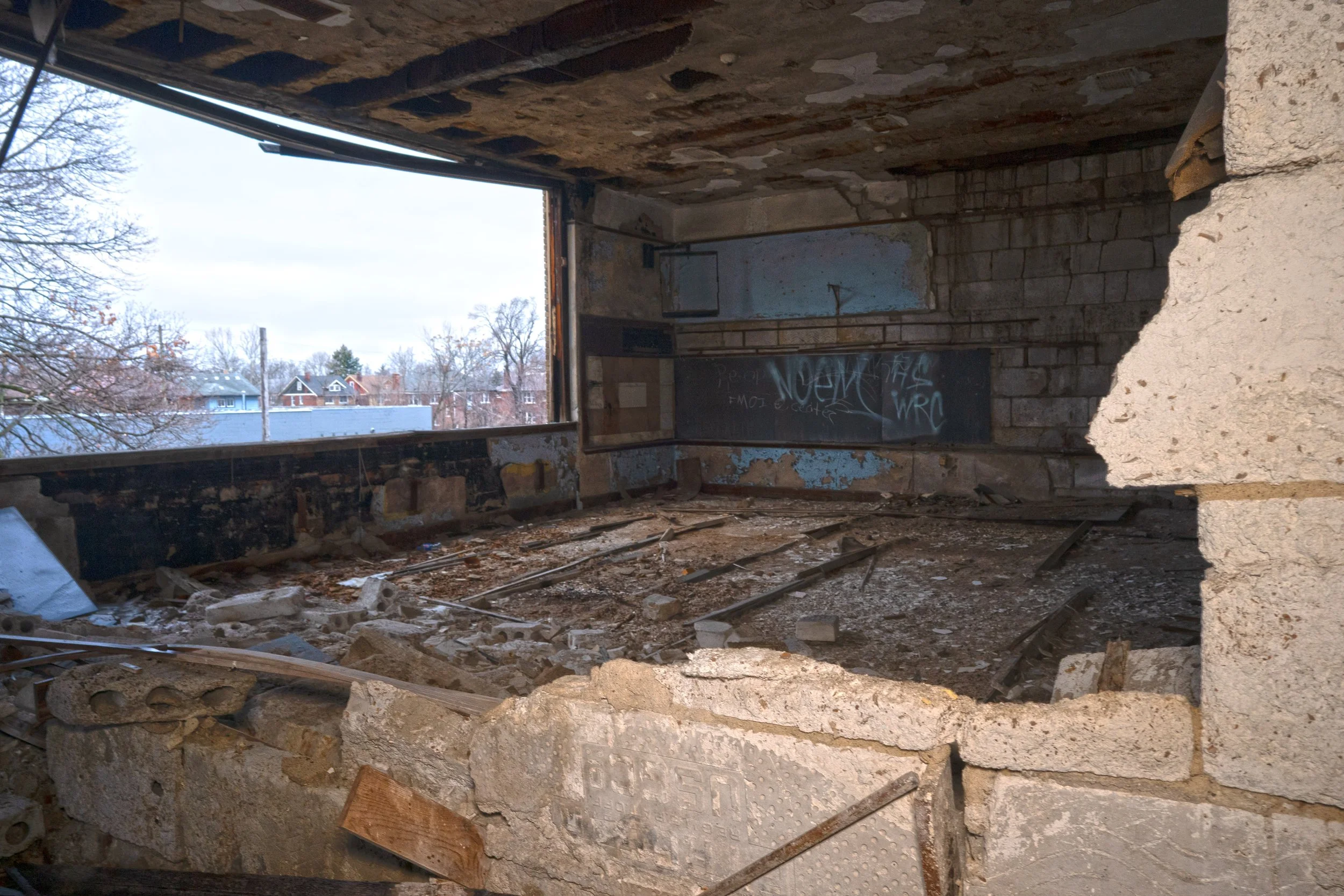 another 2nd floor classroom next to the previously shown one the wall has collapsed  
