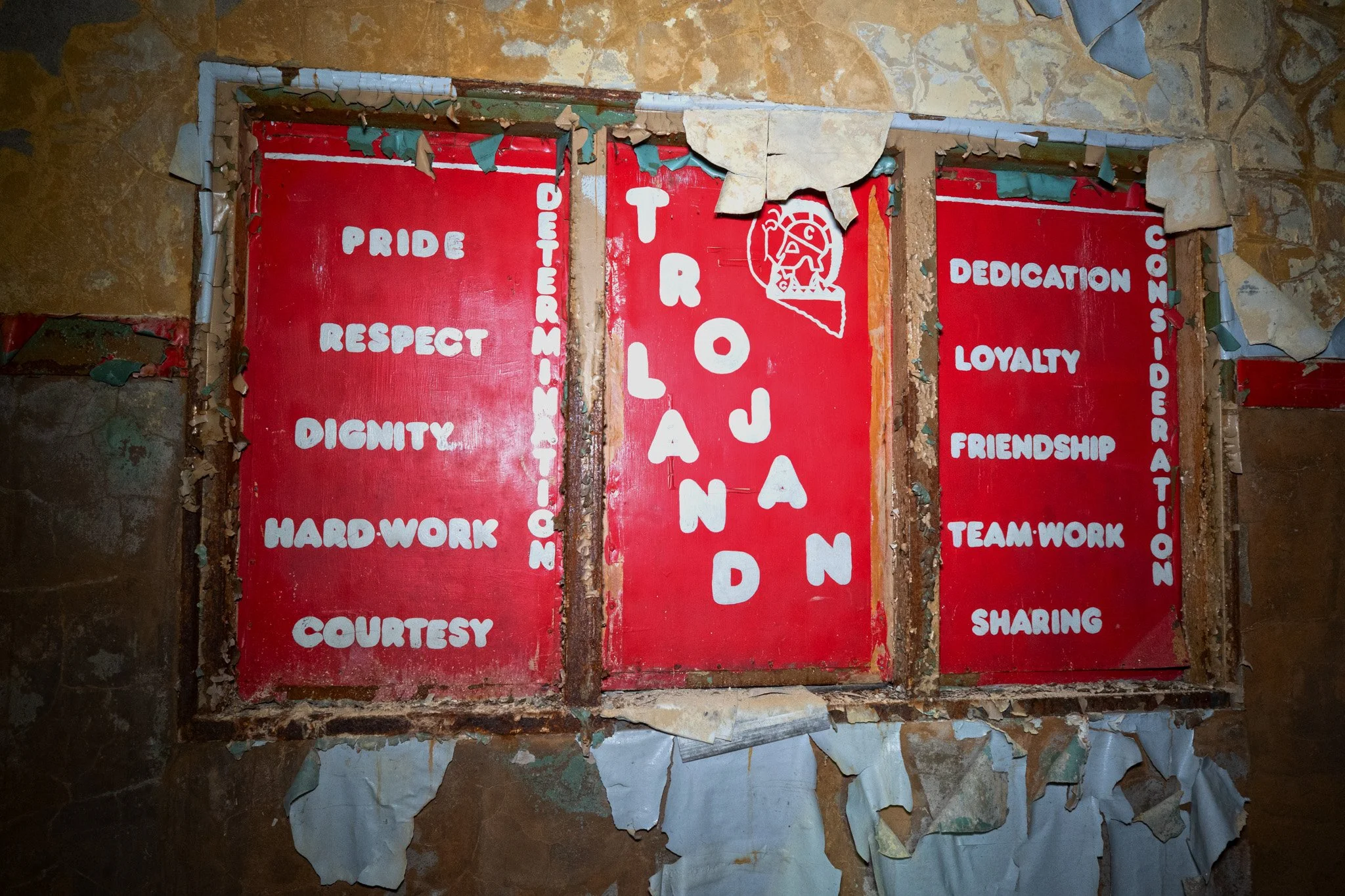 Display case with a message still intact in the basement