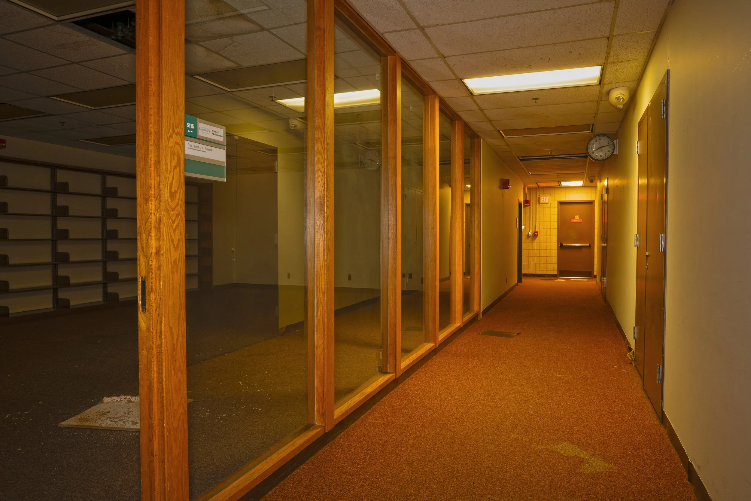A research library is a main section of the 5th floor hallway  