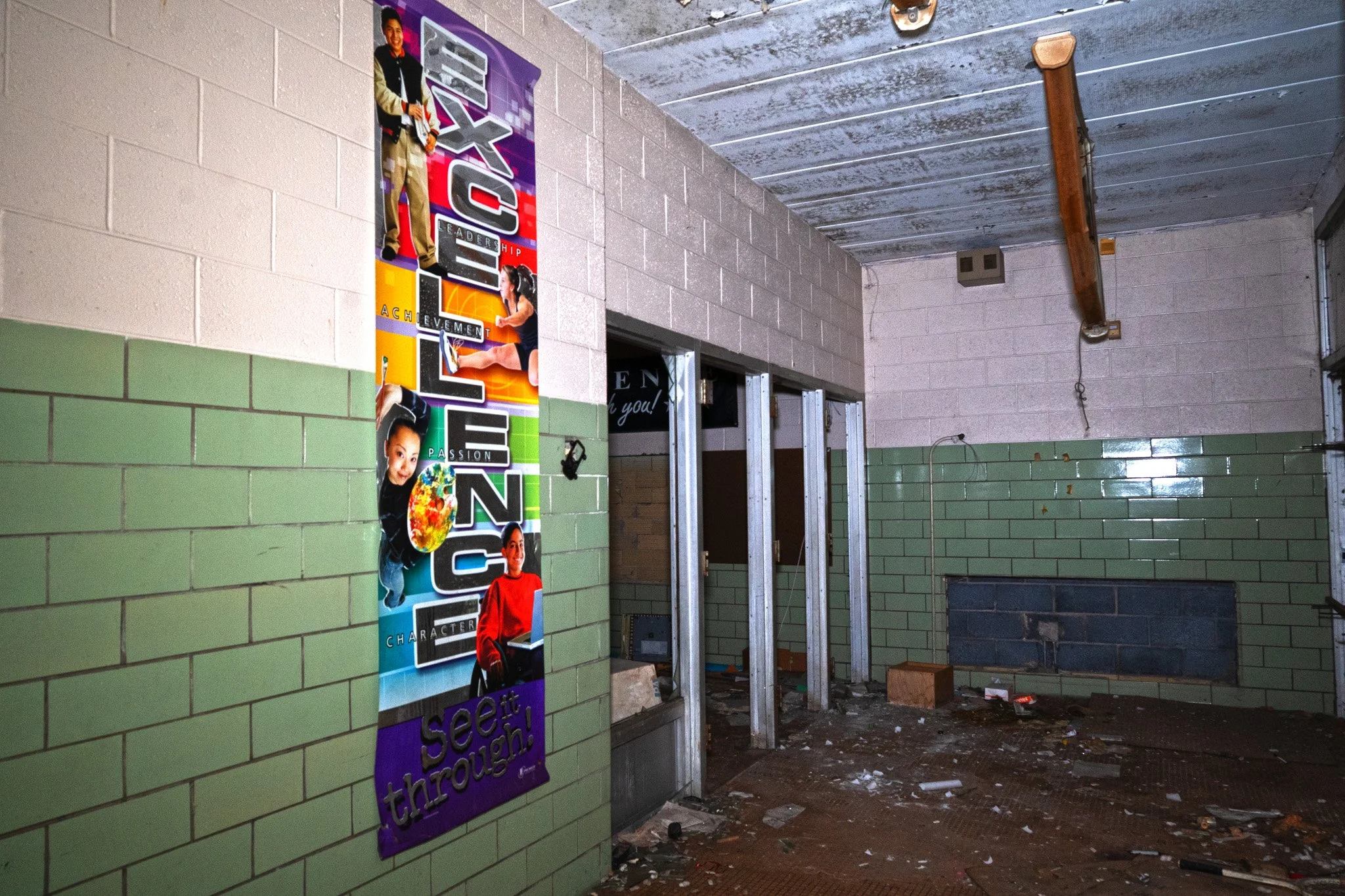 A banner nearby to the main entrance to the school