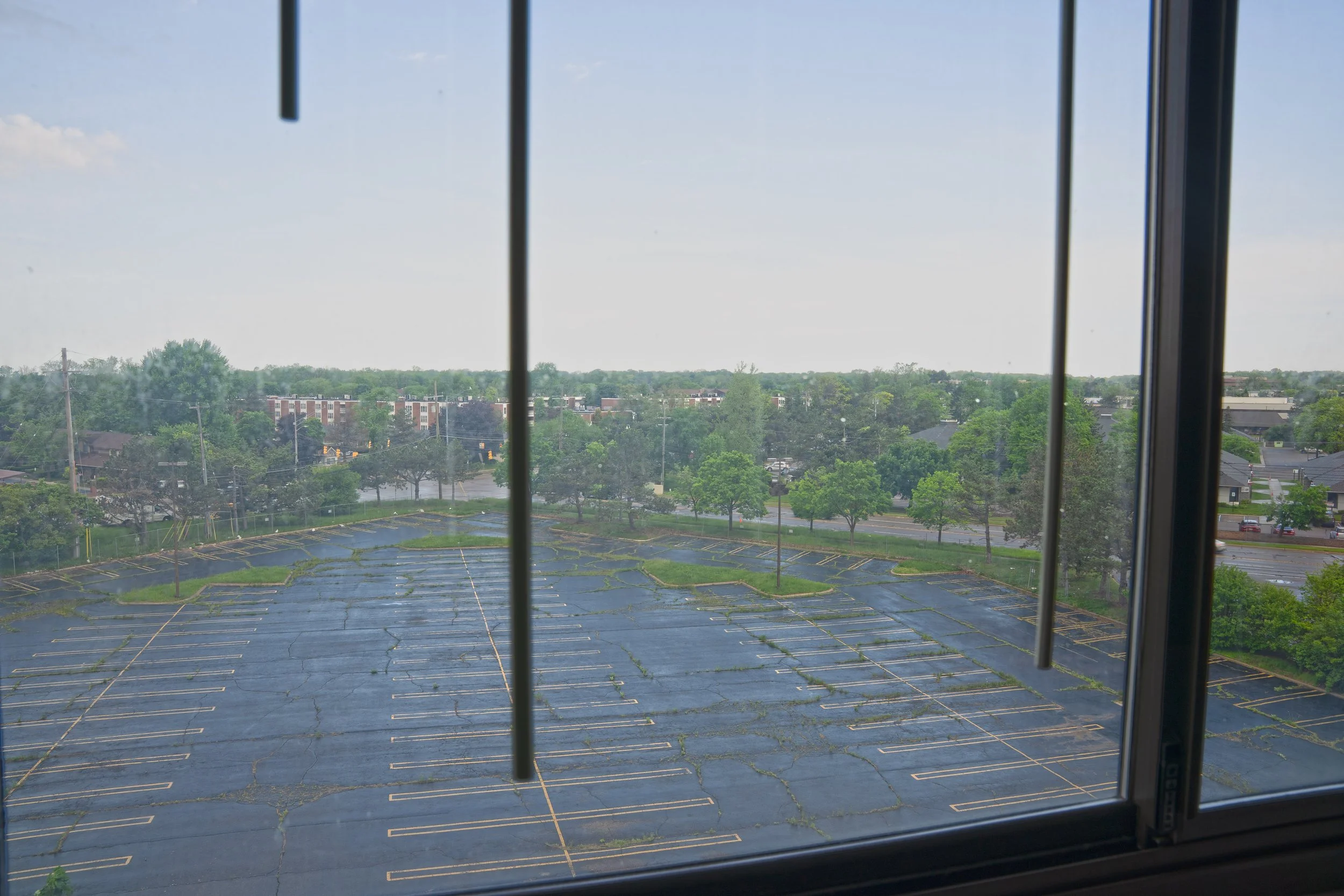 overgrown parking lot of the hotel as seen from a 5th floor hotel room