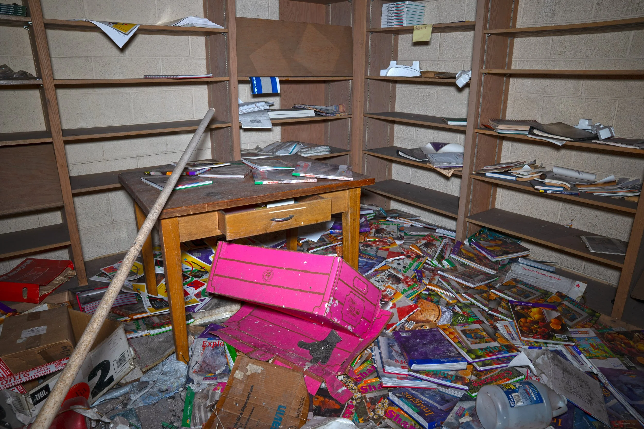 Books left over in a storage room on the 1st floor, likely from Kenneth Burnley's attempt to purchase new books for Detroit Public Schools. This lines up perfectly with his departure from DPS on June 30th, 2005. Lining up almost perfectly with Weathe