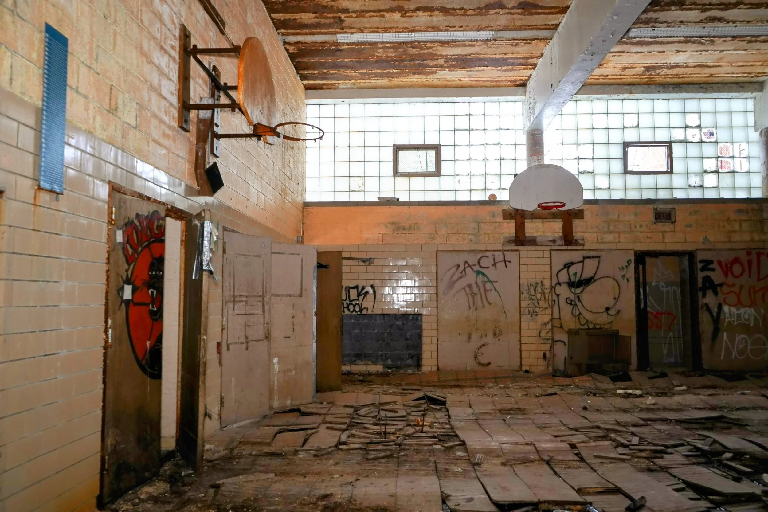 Much of the Gym has been destroyed from graffiti, scrapping, and natural decay 