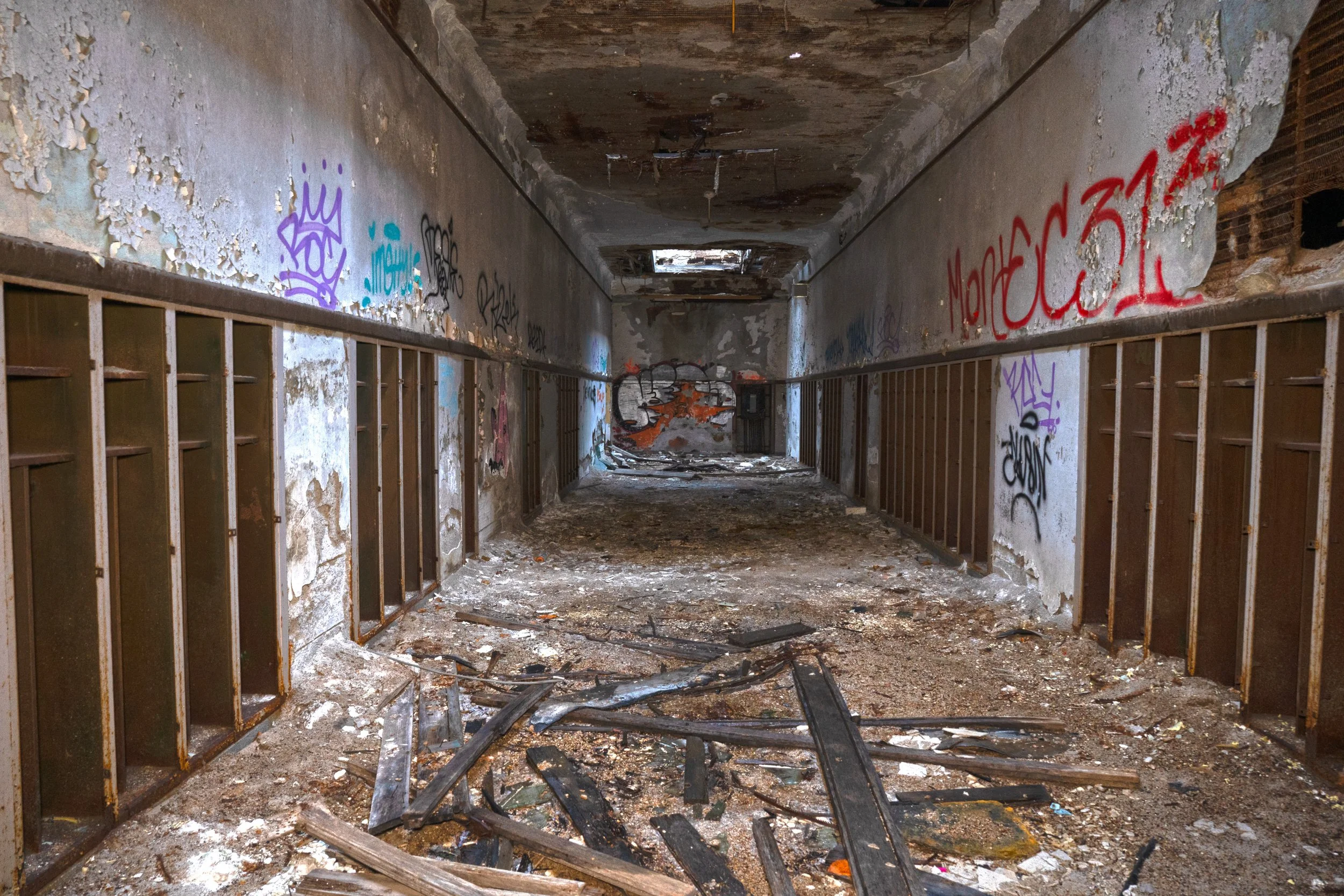 Side section note the water damage due to removal of skylights that once were in place