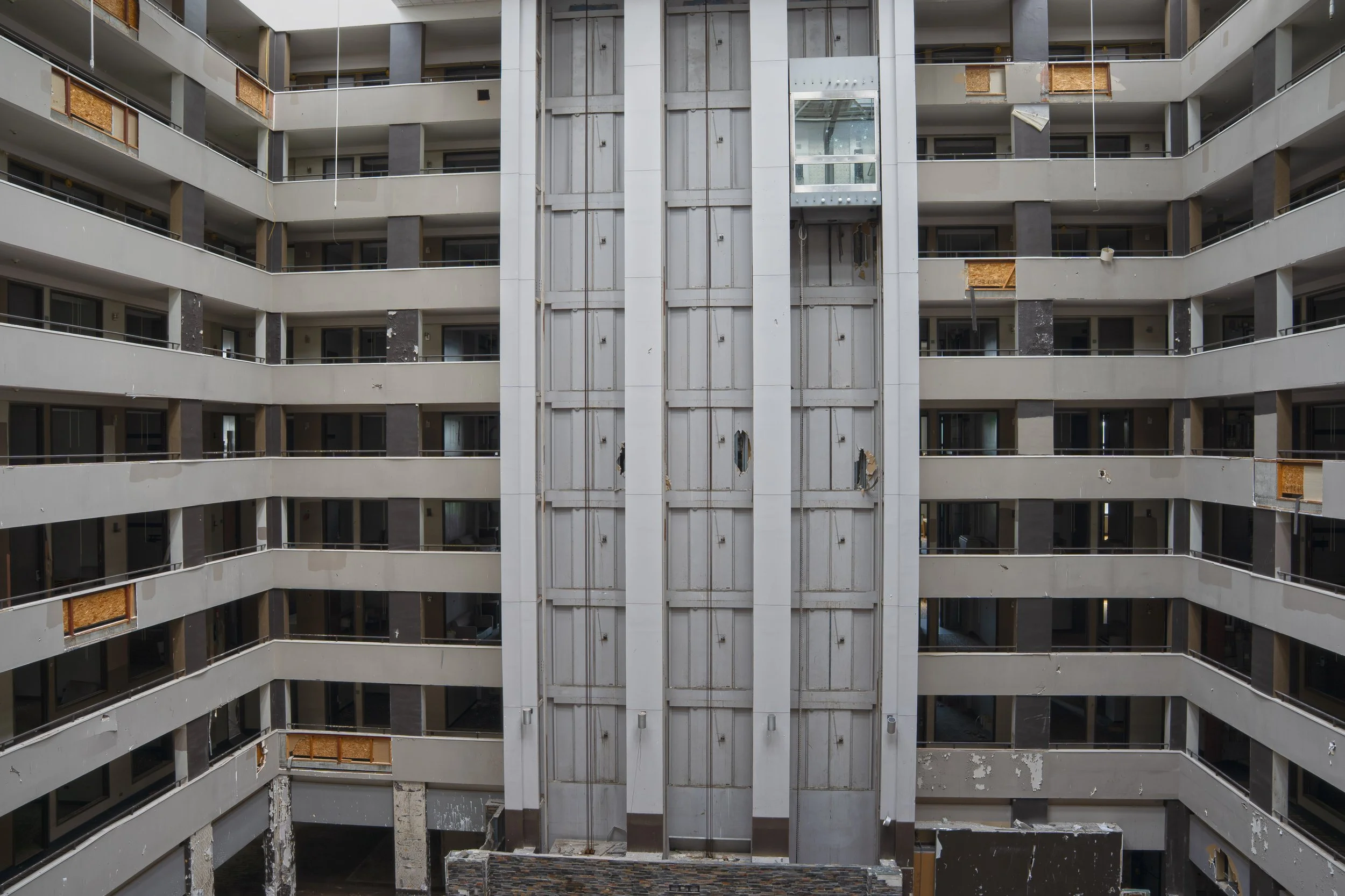 Looking at the atrium, and elevator bank from the 5th floor