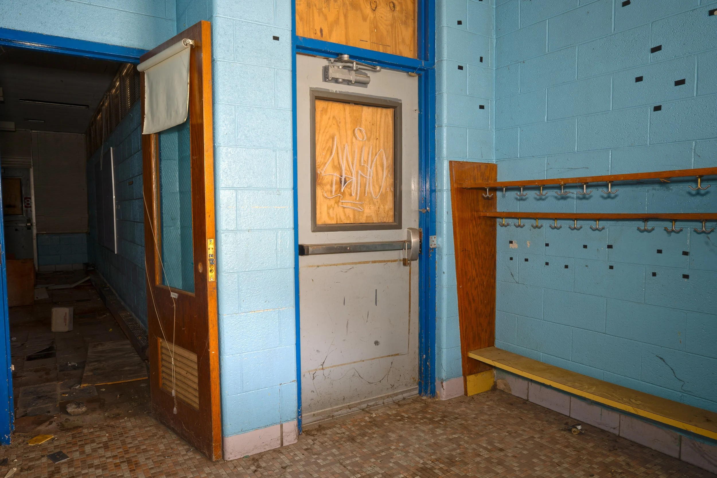 Coat room in kindergarten room shot 1