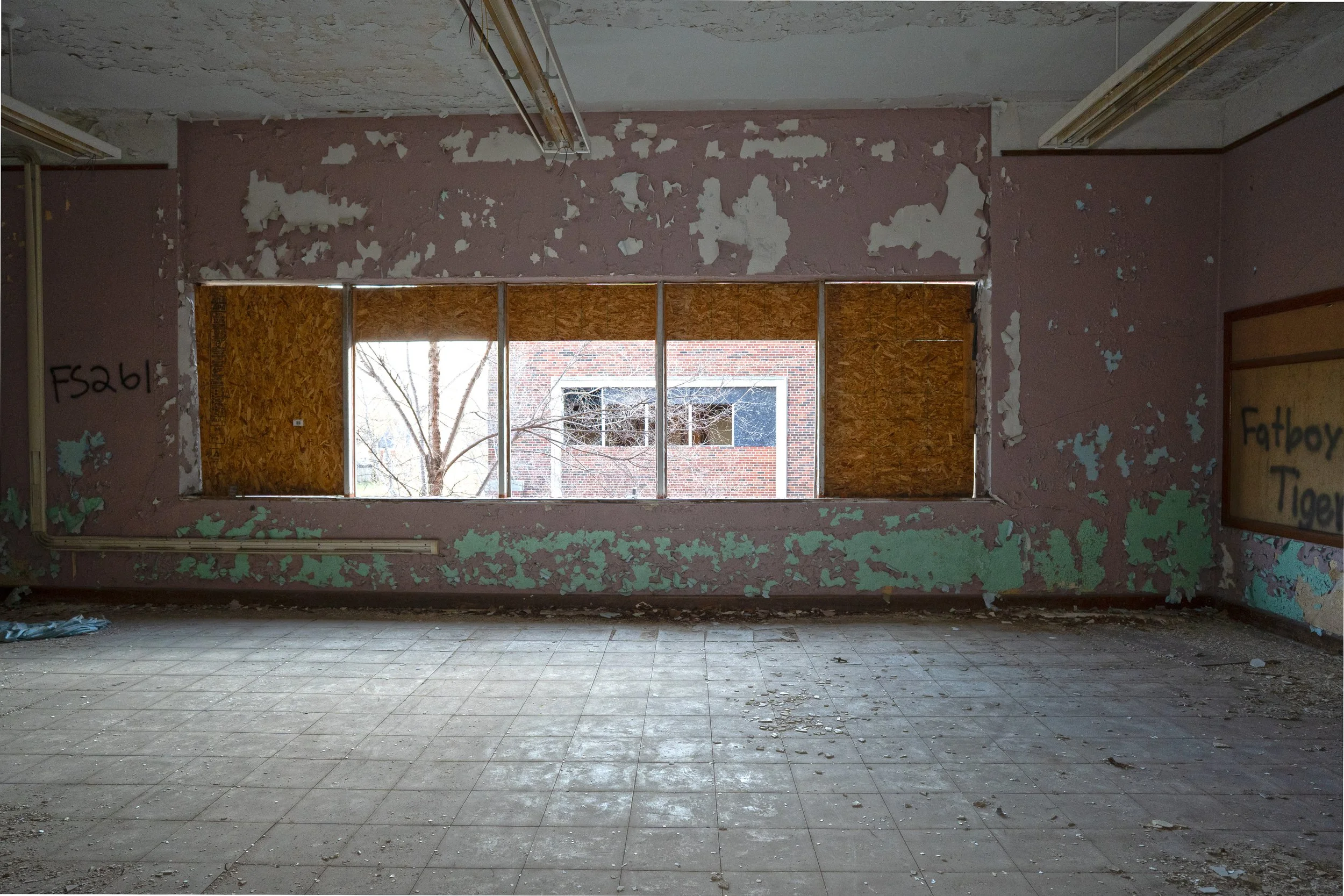 Boards have been removed along with the windows
