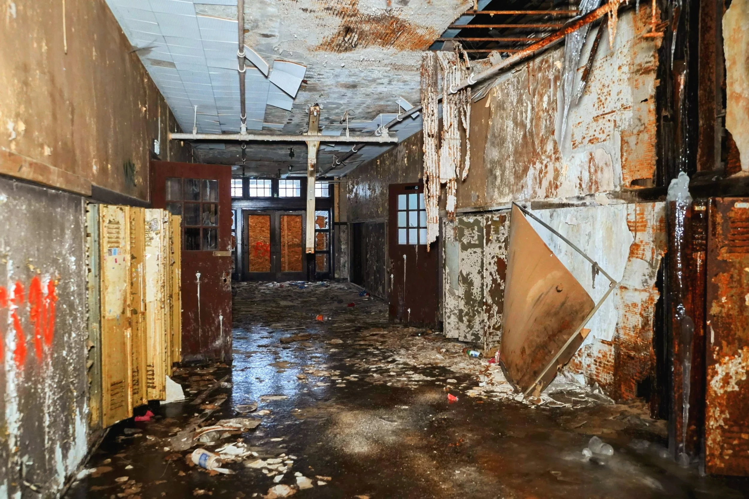 Much of the floor has turned to ice and walls in in poor shape