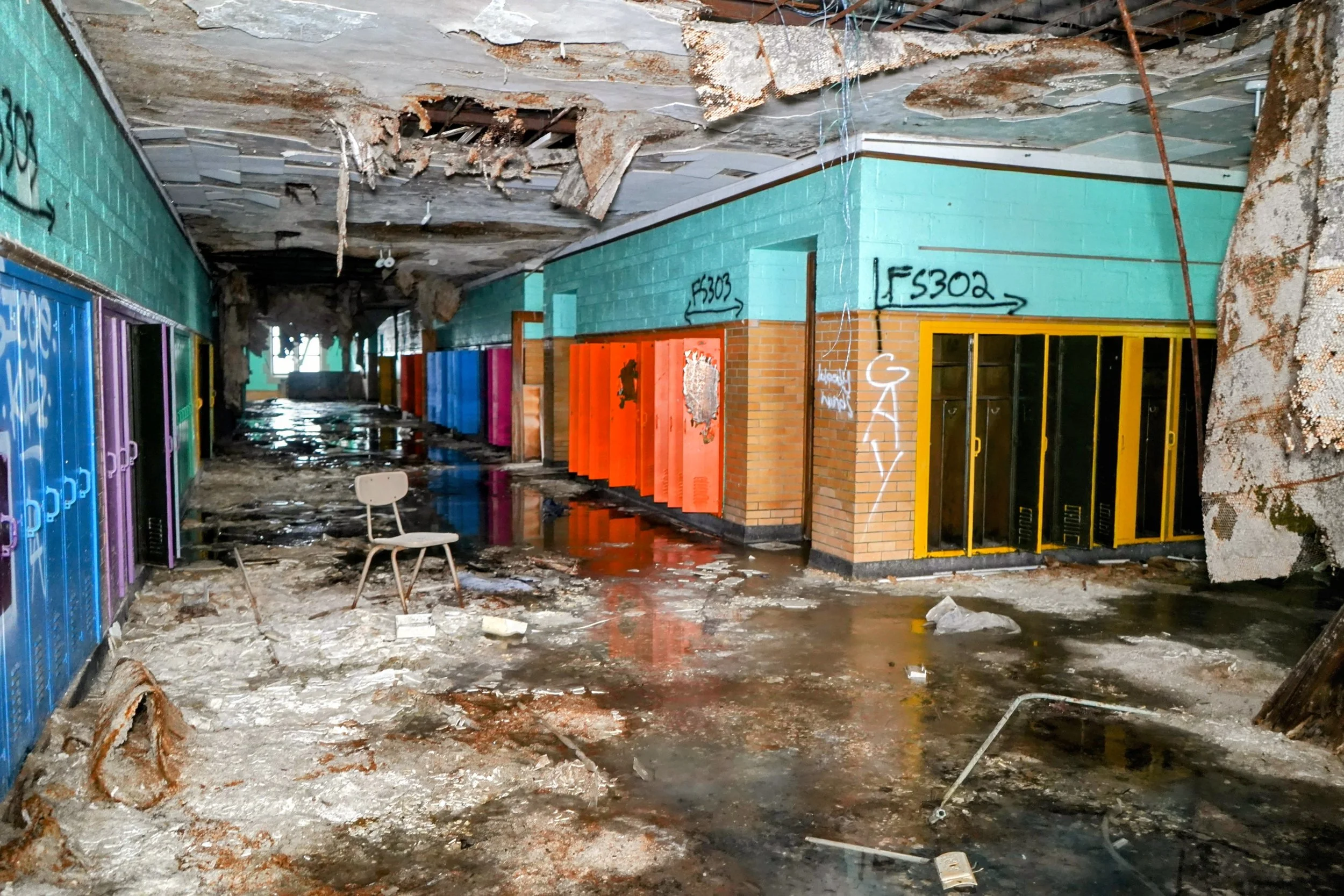 2nd floor hallway with water damage wide shot