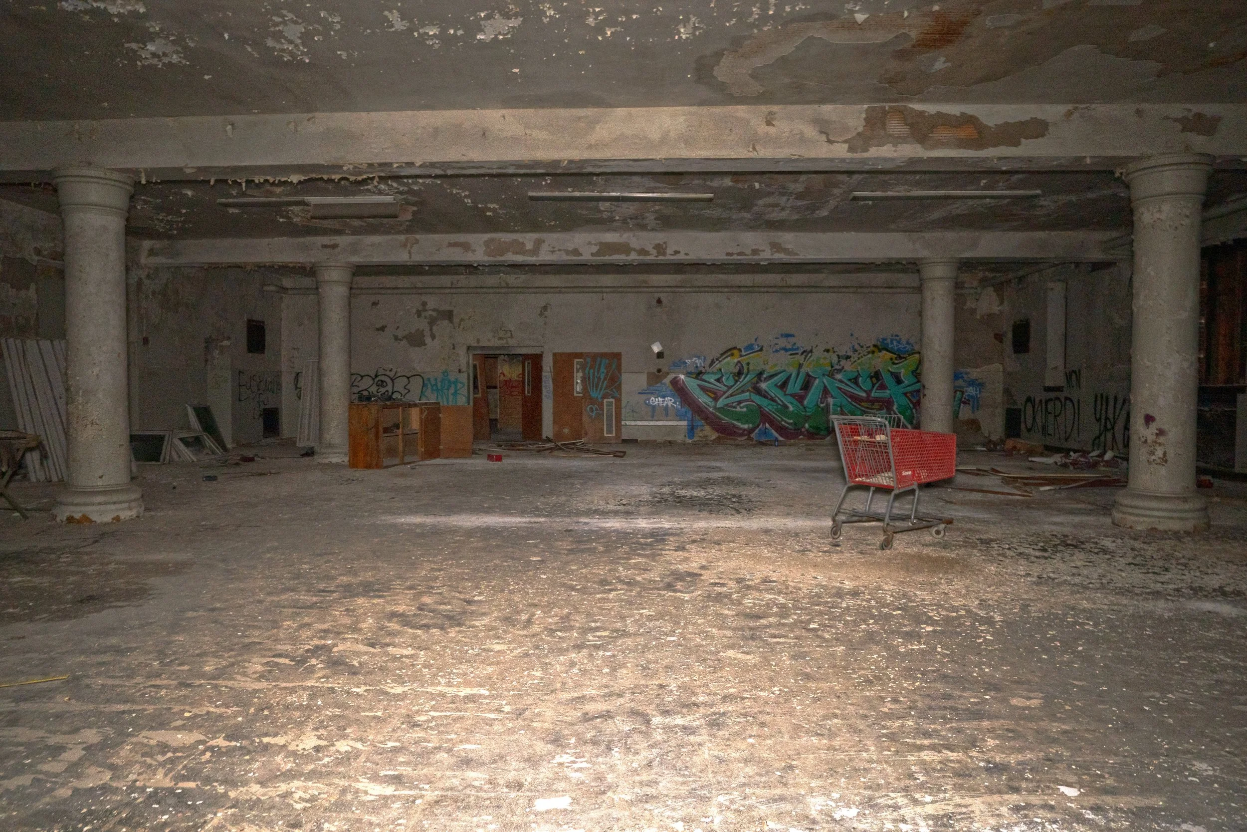 Looking back at the auditorium where the seating would have been