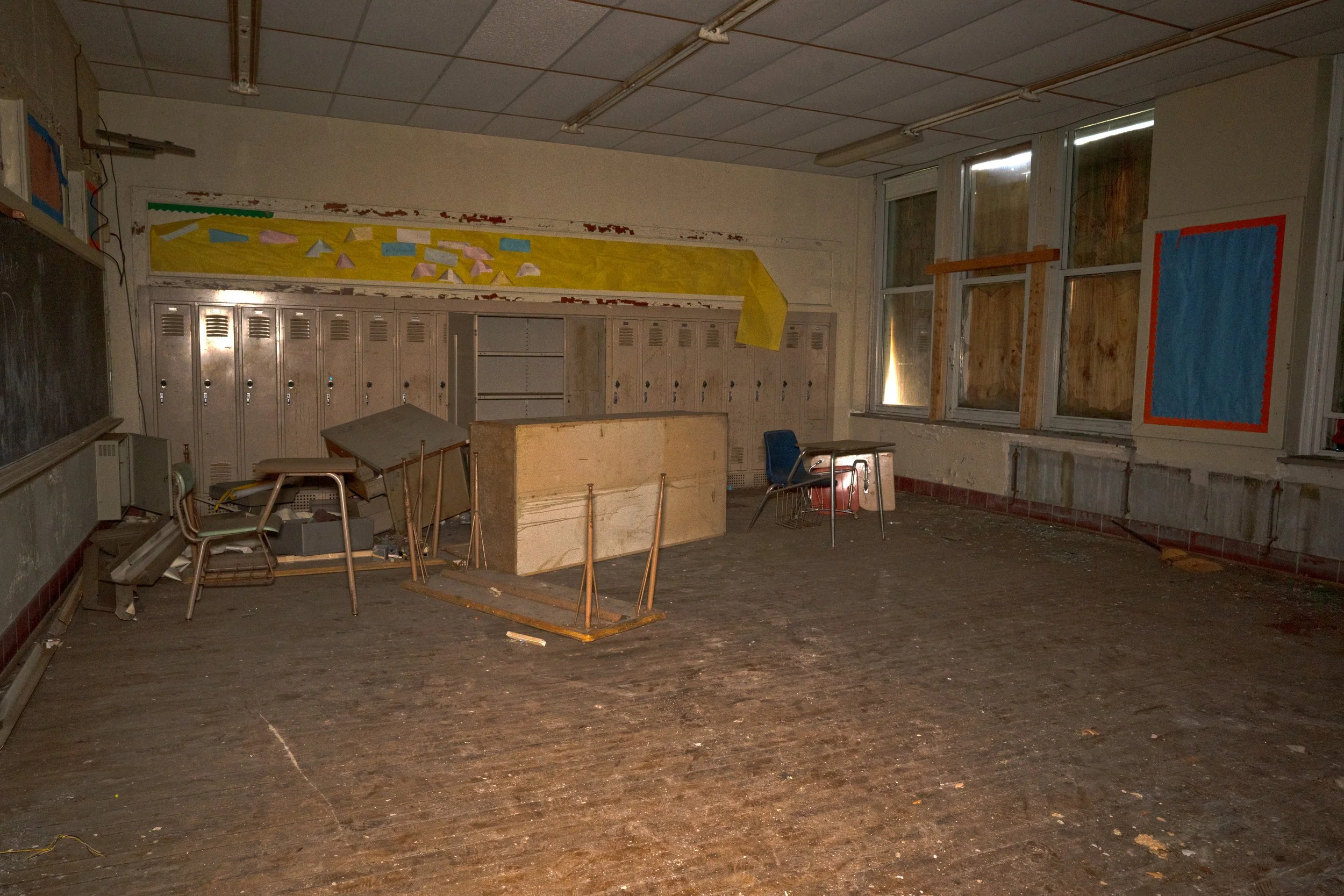A classroom in the addition that features locker inside