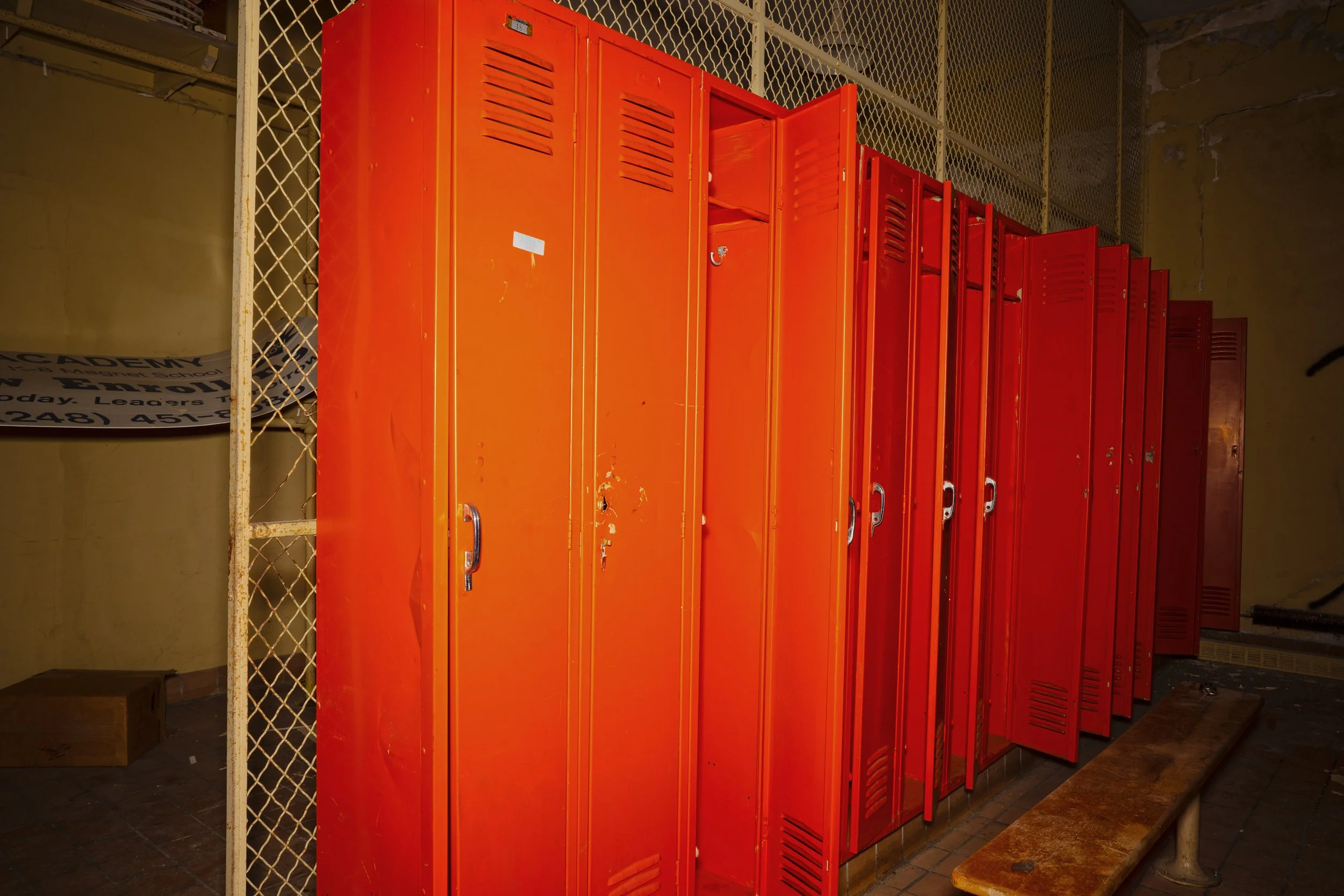 Locker room connected to Blue and yellow gymnasium 