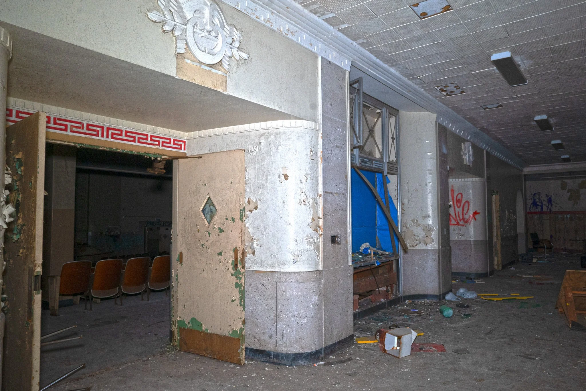 Details remain intact above the entrance to the Auditorium 