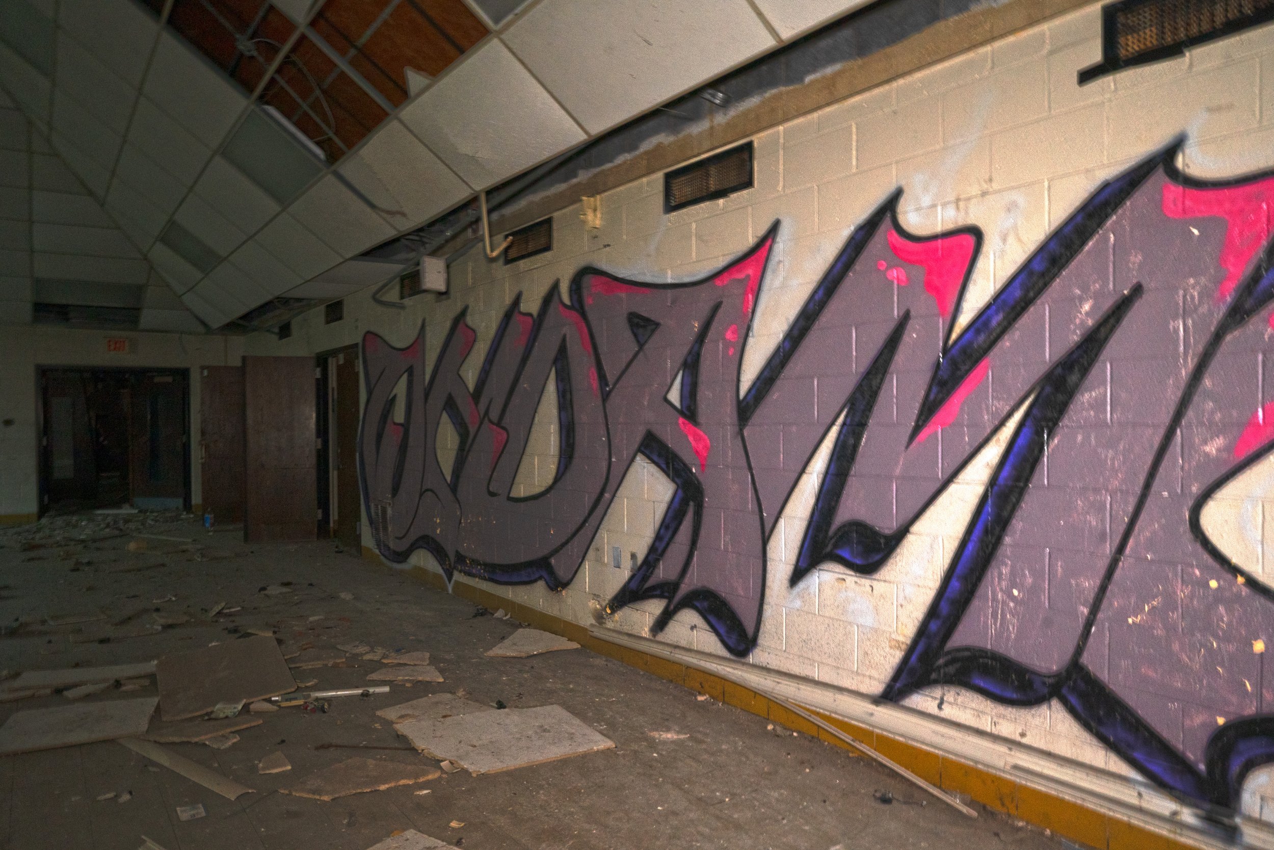 A big piece of graffiti in the multipurpose room