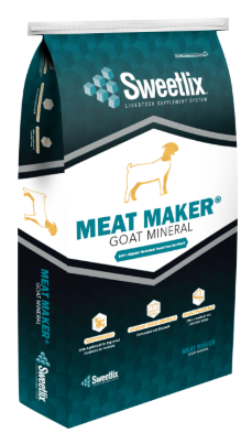Packaging of Sweetlix Meat Maker goat mineral supplement with a goat illustration on the front.