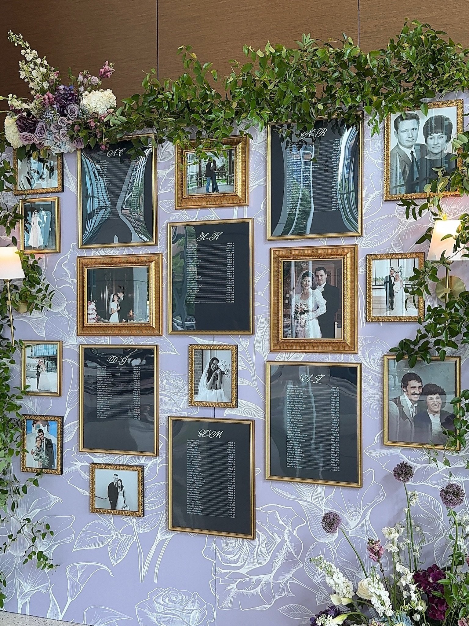 Before guests made it to their seats at Lily and Baylor&rsquo;s wedding reception, this was the first thing they saw walking into the @dallaspetroleumclub⁠. Every gold frame held a wedding photo from Lily and Baylor&rsquo;s family &mdash; grandparent