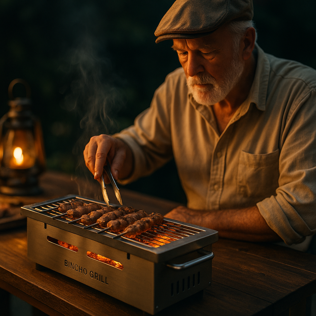 An elderly man with a beard, wearing a flat cap and beige shirt, is grilling skewered meat over a small tabletop grill outdoors at dusk.