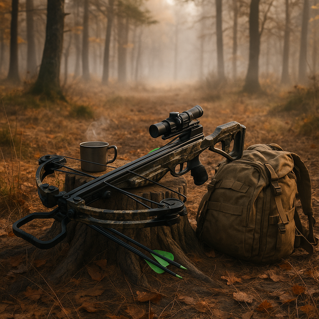 A crossbow, a steaming mug, a backpack, and a scope rifle placed on a tree stump in a foggy forest with autumn leaves on the ground.