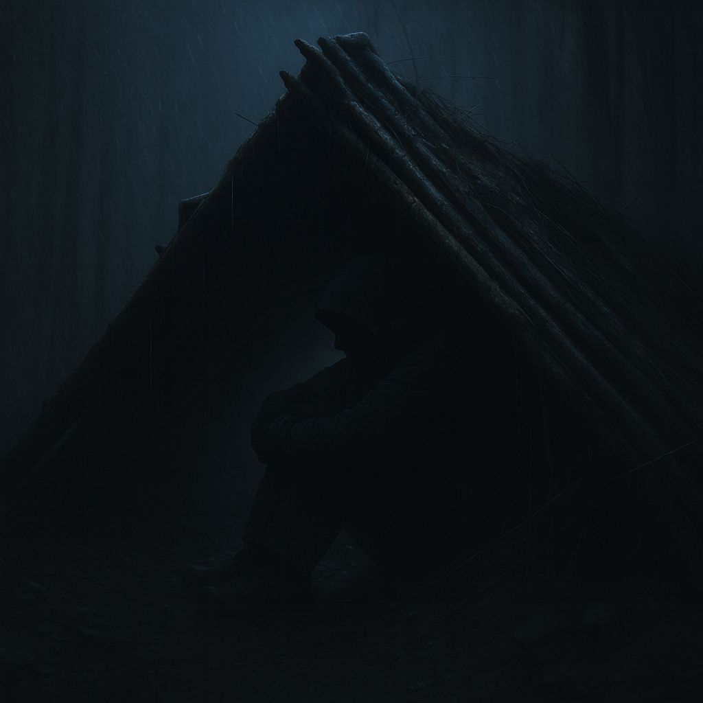 Silhouette of a person sitting under a makeshift shelter made of wooden planks at night, with rain falling.