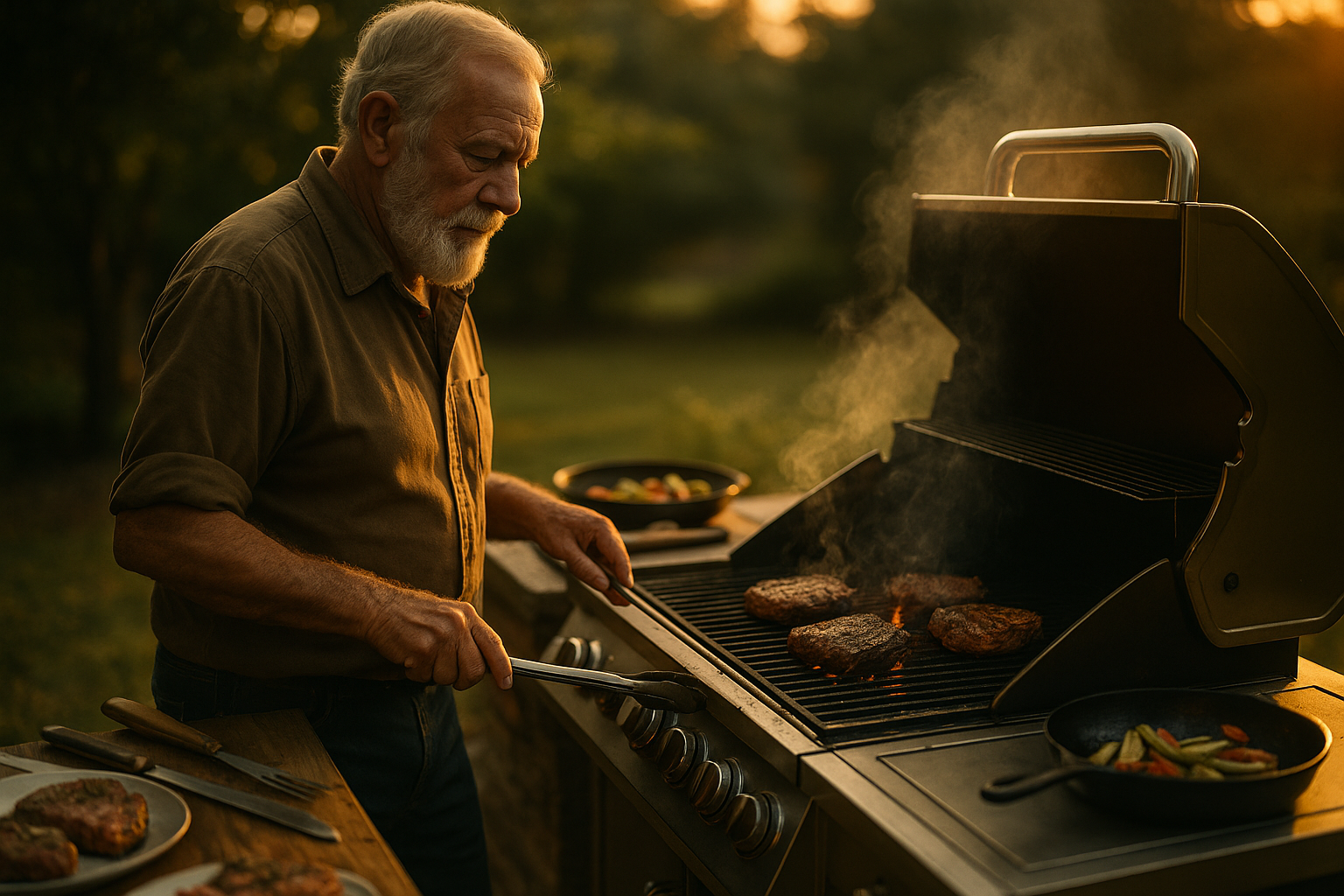 An elderly man grills meat and vegetables on an outdoor barbecue during sunset in a natural setting.
