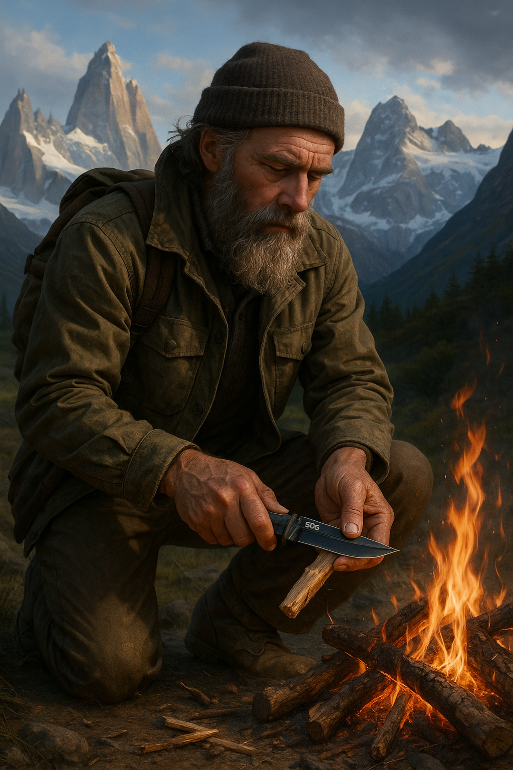 An older man with a beard and brown knit cap, dressed in outdoor clothing, kneeling by a campfire, shaping a piece of wood with a fixed-blade knife, with snow-capped mountains in the background during daylight.