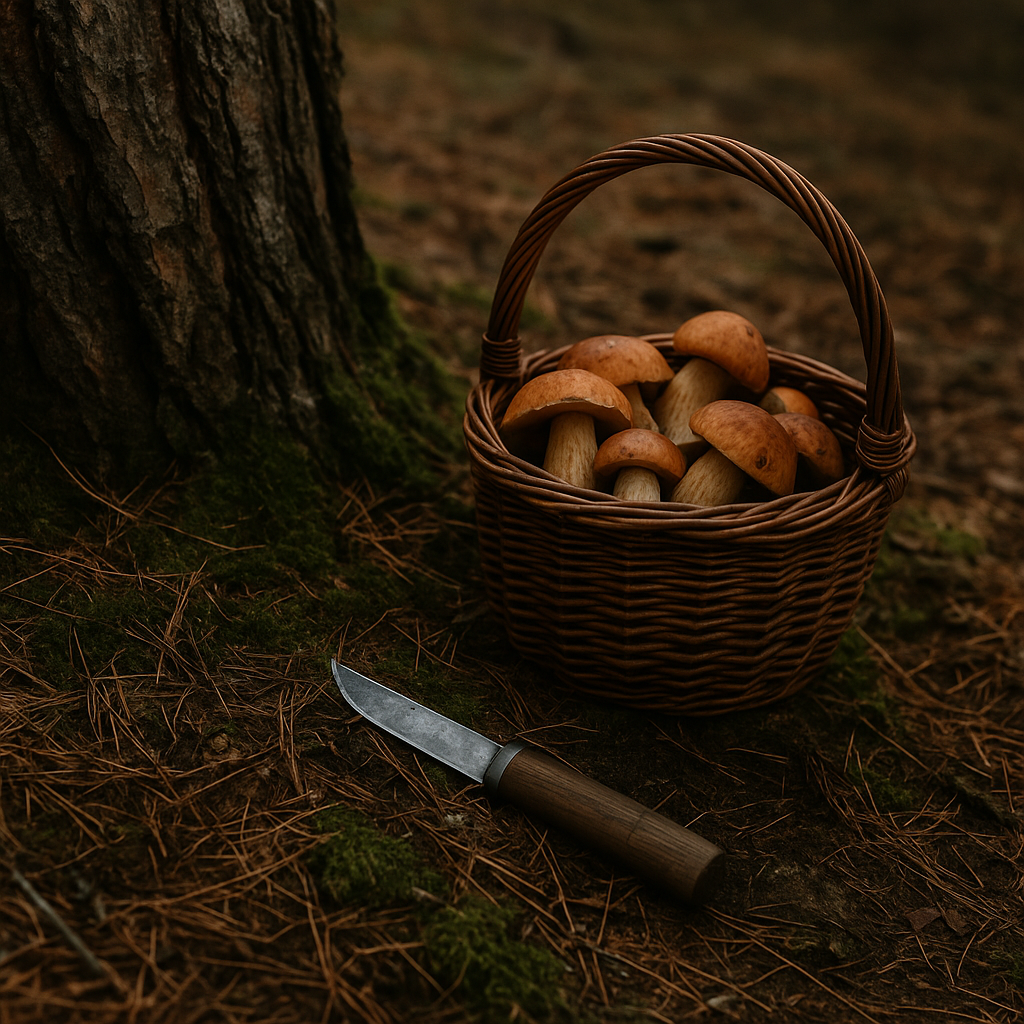 A wicker basket filled with wild mushrooms placed on the forest ground near a tree trunk, with a small hunting knife lying nearby on the ground.