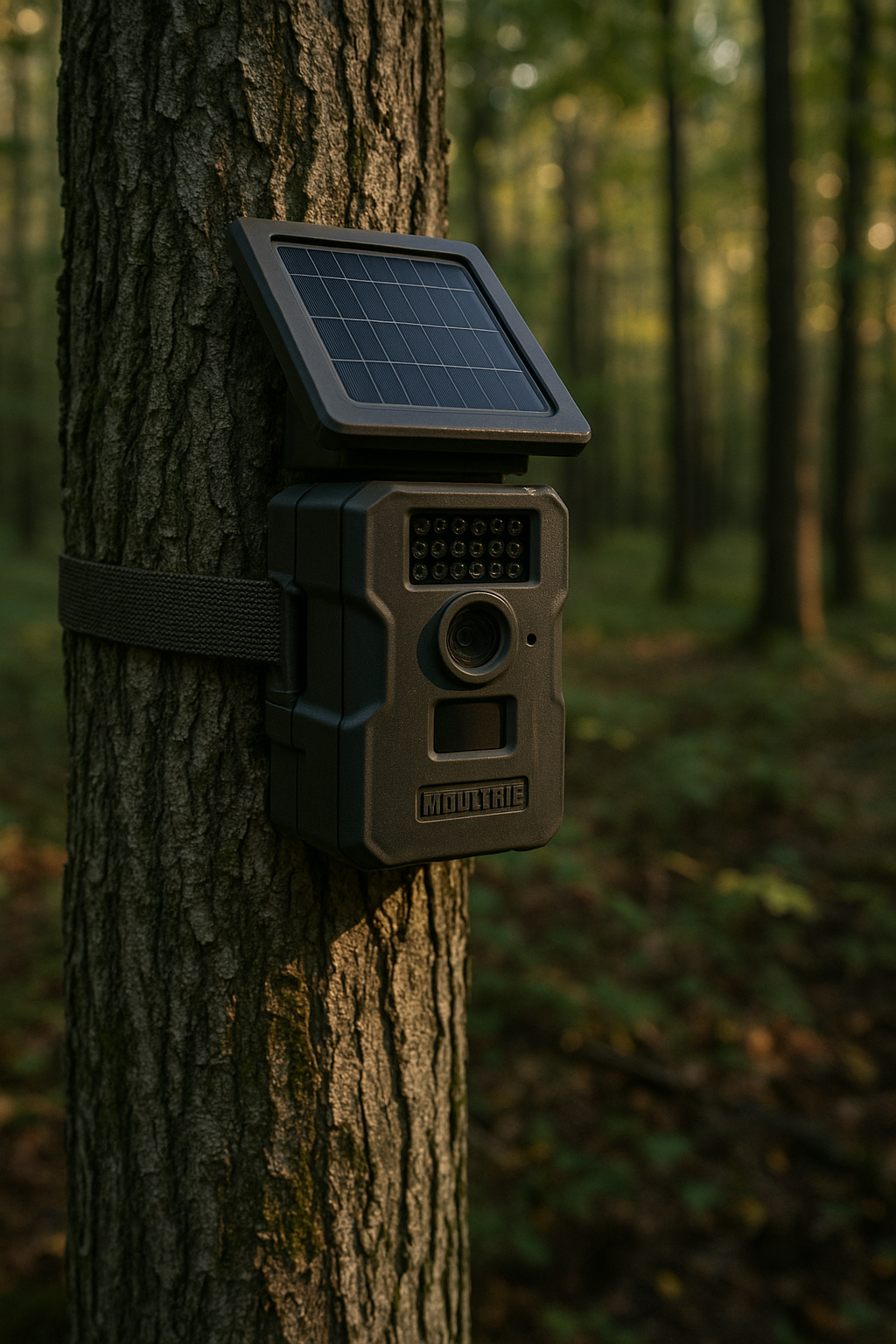 Trail camera mounted on a tree in a forest with sunlight filtering through the trees.