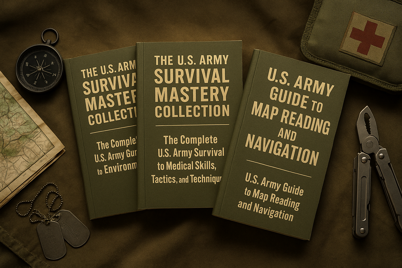 Three military survival books with a map, compass, pocket knife, and dog tags on a brown surface.