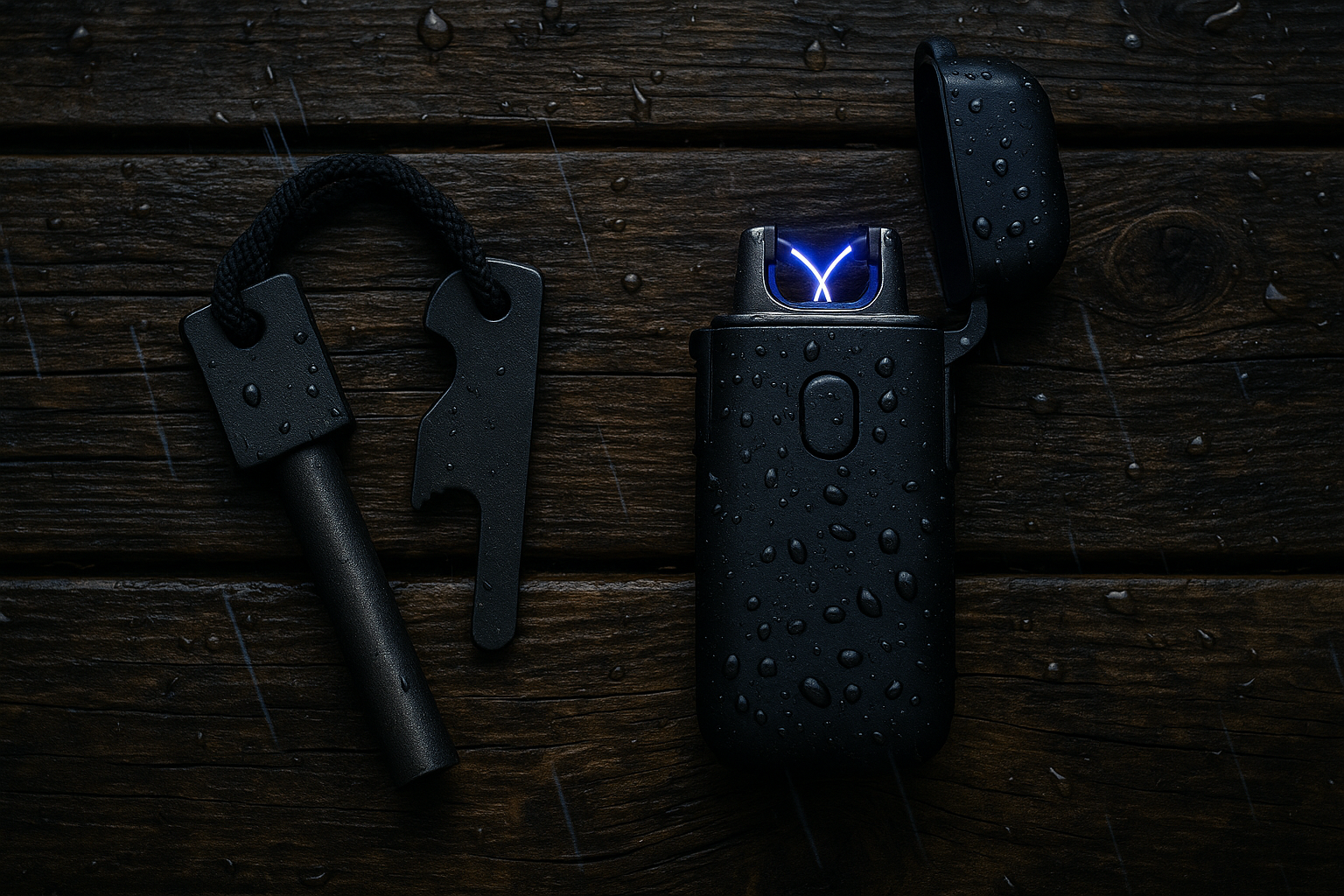 A black waterproof lighter with a blue flame, water droplets on it, a black whistle, and a black survival knife with a black cord on a wet wooden surface.