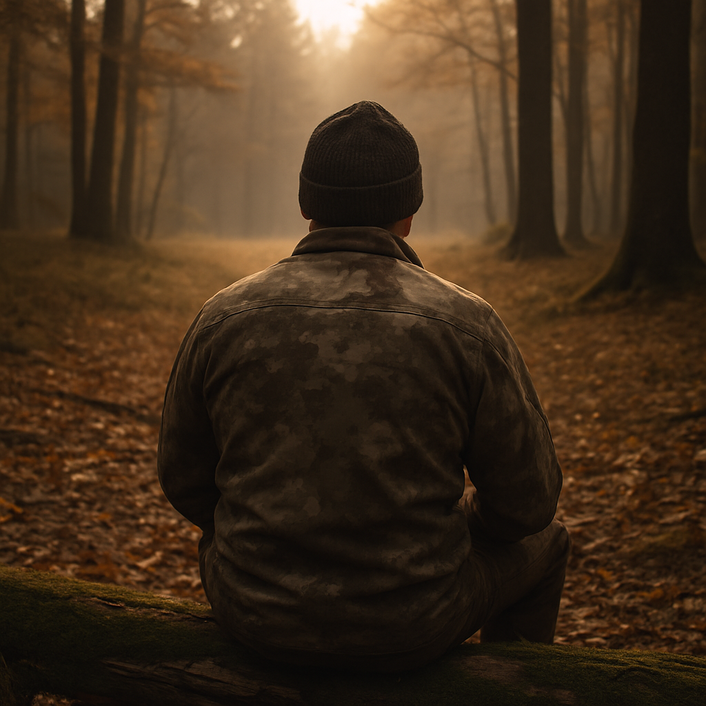 A person wearing a beanie and camouflage jacket sitting on a fallen tree in a forest during autumn, facing away, with trees and sunlight in the background.