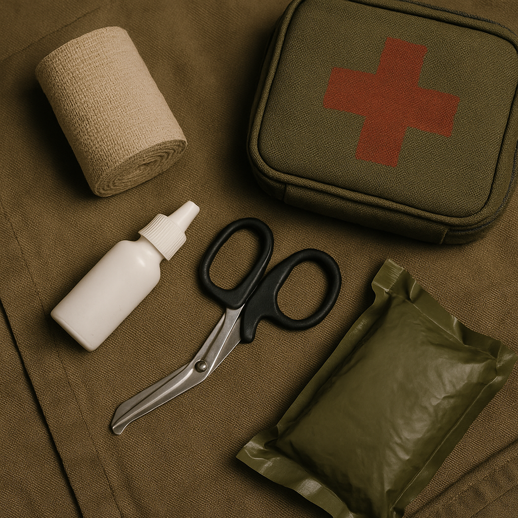 A first aid kit with medical supplies, including a bandage, scissors, antiseptic spray, a sealed package, and a small medical bag with a red cross, arranged on a brown fabric surface.