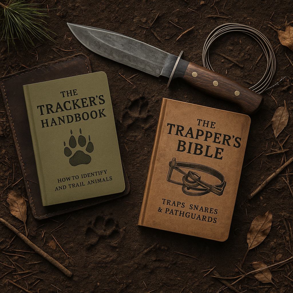 Two books titled 'The Tracker's Handbook' and 'The Trapper's Bible' on dirt ground along with a hunting knife, a coiled wire snare, and some scattered leaves and sticks.