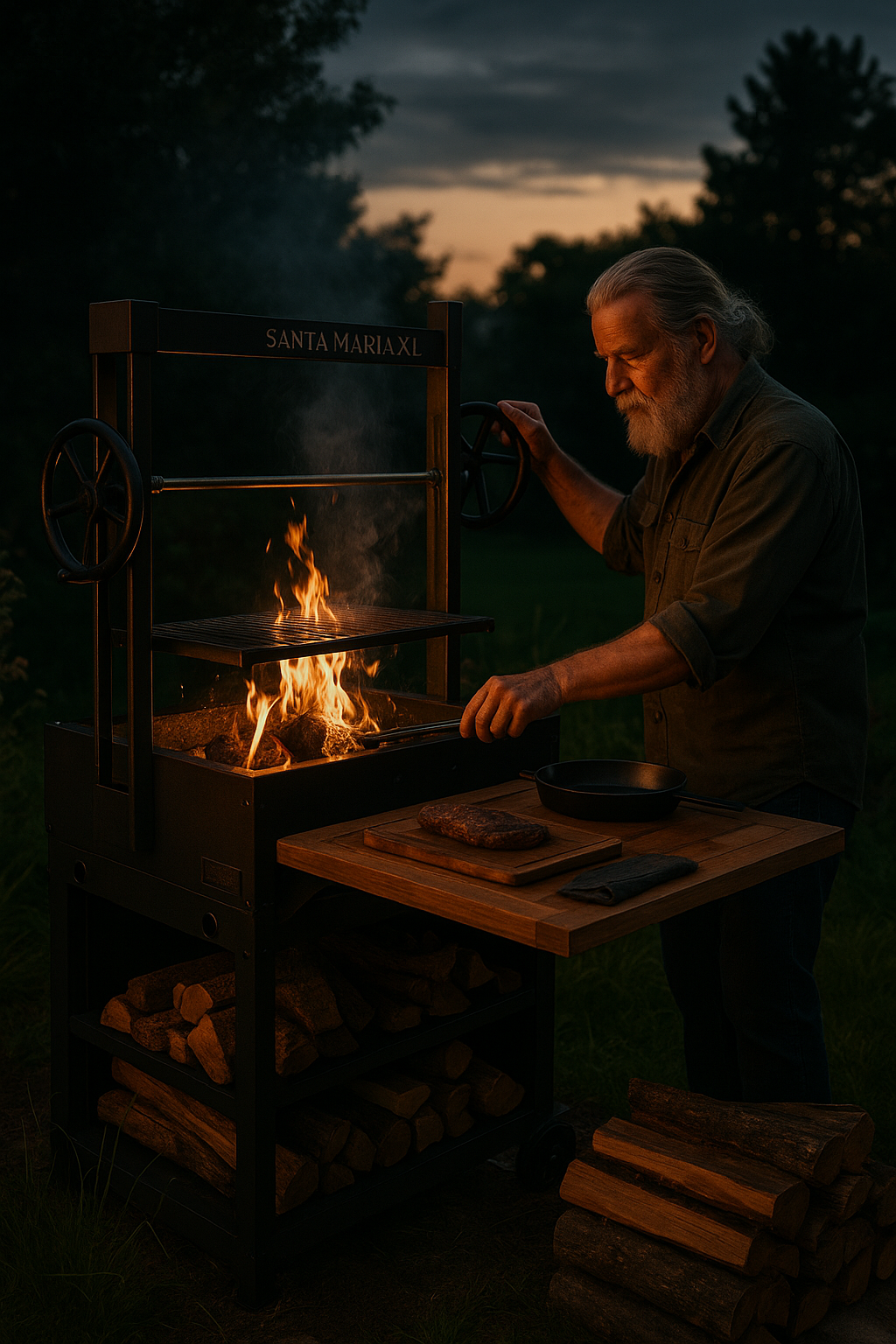 An older man with gray hair and a beard is grilling meat on an outdoor fire pit grill during dusk or evening. The man is wearing a long-sleeve shirt and has his hair tied back. The grill has a fire burning inside, and there is a wooden table with a cast iron skillet, a cutting board with a piece of meat, and a cloth from which he is handling the fire. The background shows dark trees and a cloudy sky.