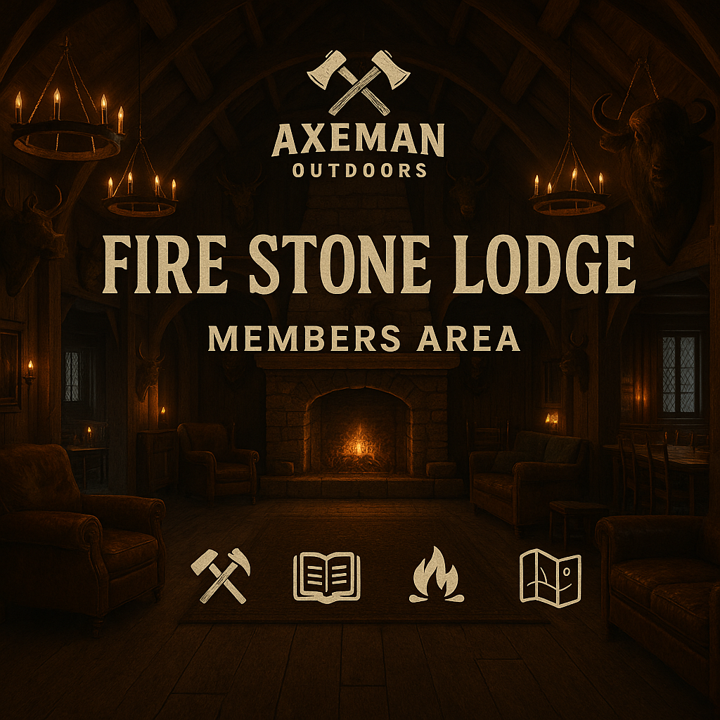 Wood-paneled lodge interior with a lit fireplace, leather chairs, chandeliers, and deer head and buffalo head mounts, with sign reading 'Axeman Outdoors Fire Stone Lodge Members Area' and icons for tools, books, fire, and a map.