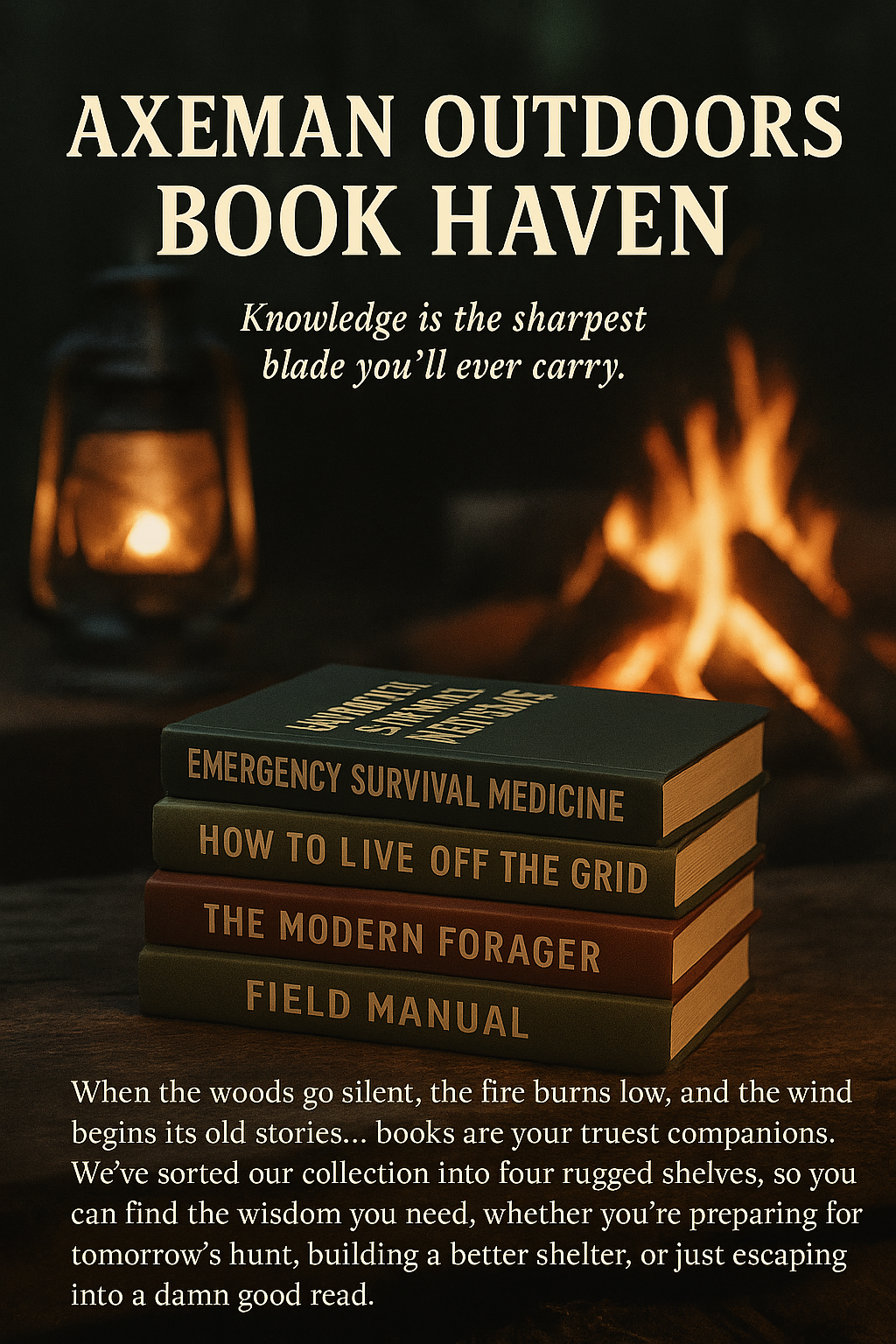 Books titled 'Emergency Survival Medicine,' 'How to Live Off the Grid,' 'The Modern Forager,' and 'Field Manual' in front of a lit campfire and a lantern, with a caption about the value of books as companions in outdoor survival.
