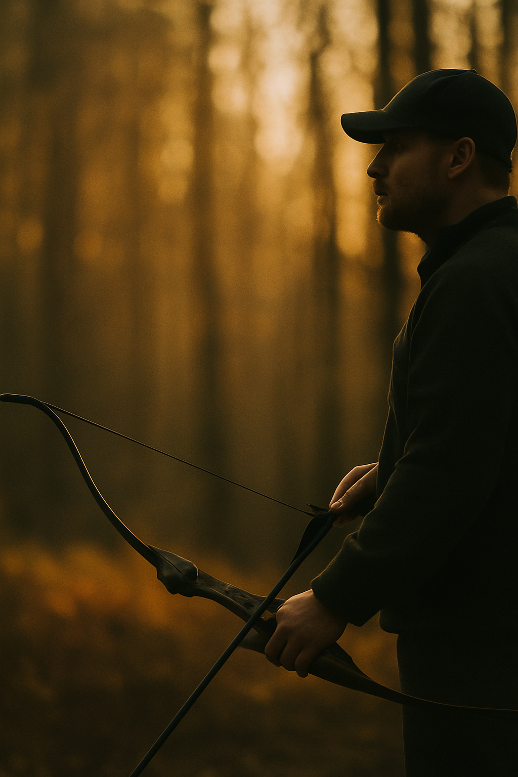 A man in a cap holding a bow and arrow in a forest during sunset.
