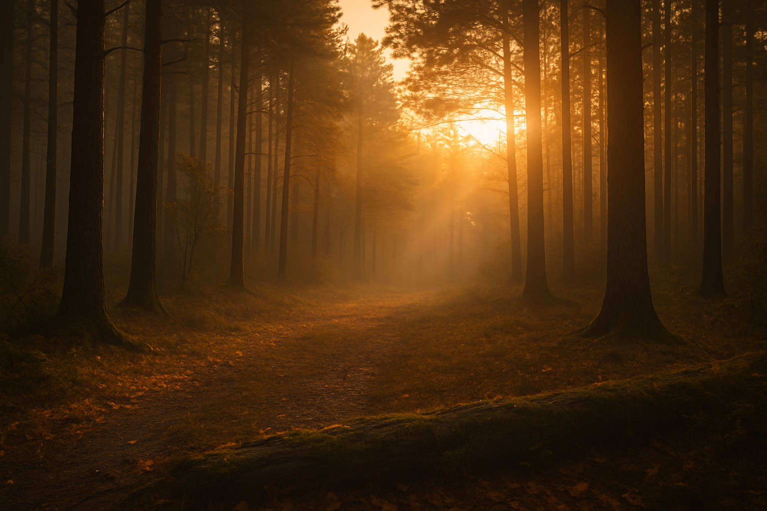 Sunlight beams through tall trees in a forest during sunset, with a dirt path leading into the distance.