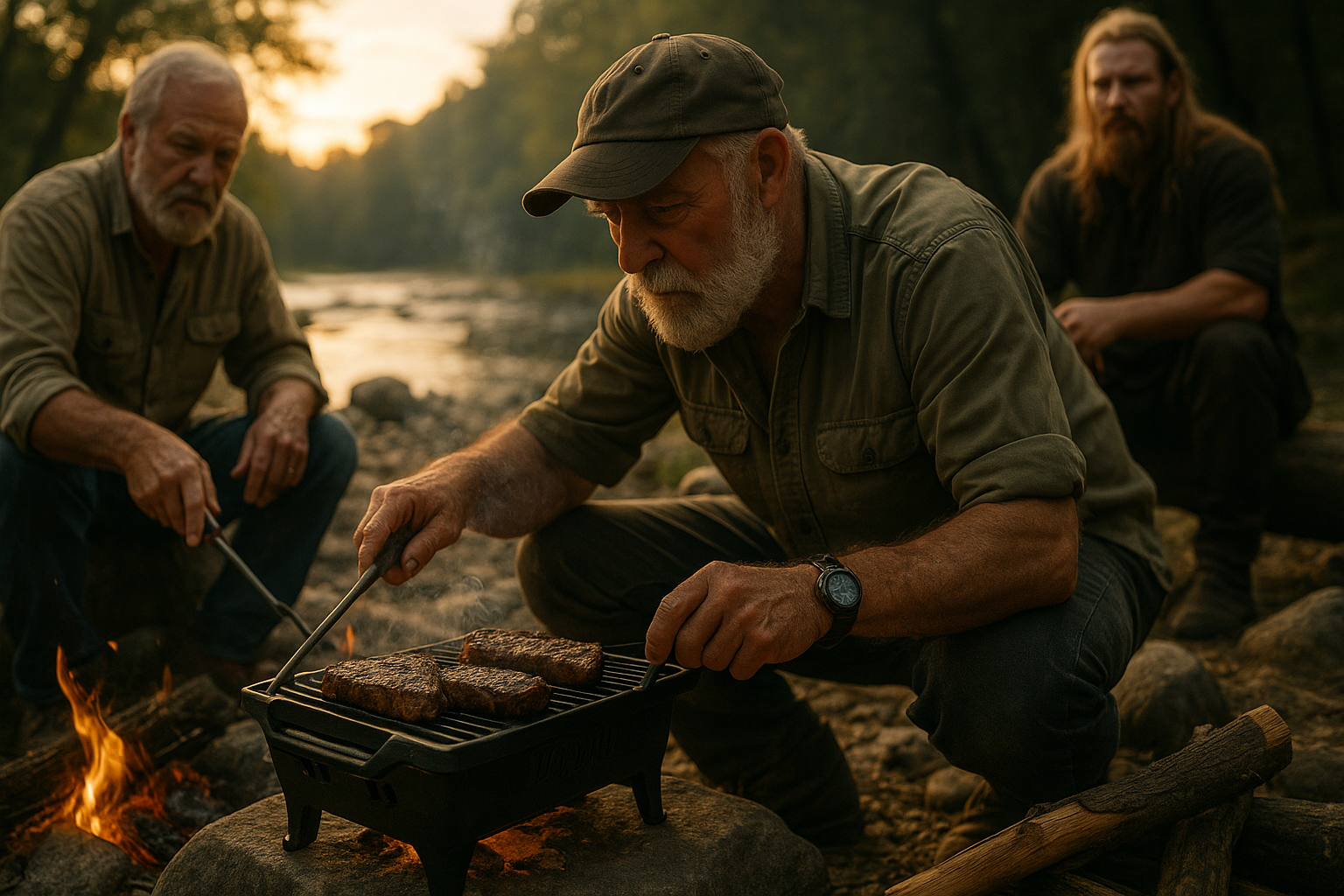 Three older men outdoors by a river at sunset, grilling steaks over an open fire on a portable grill.