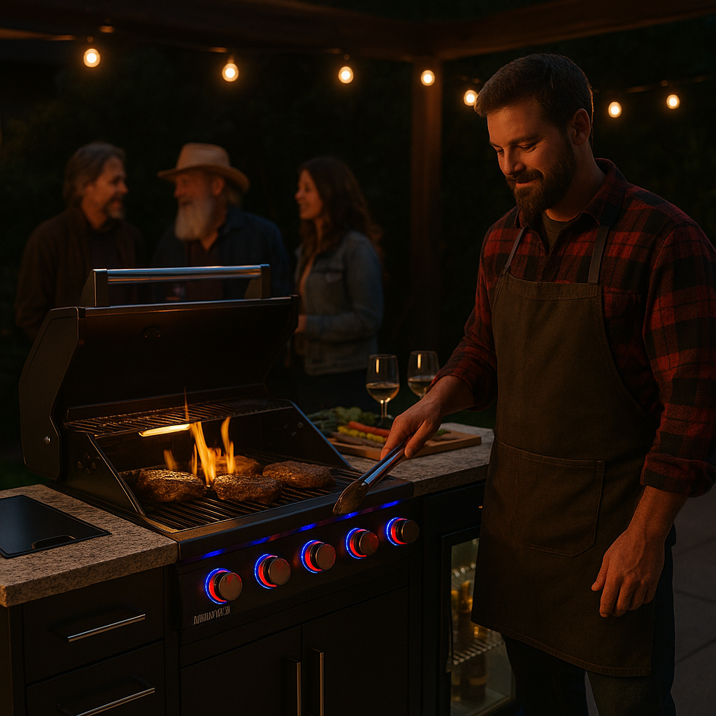 A man grilling steaks on an outdoor barbecue at night, with a group of people in the background and string lights overhead.