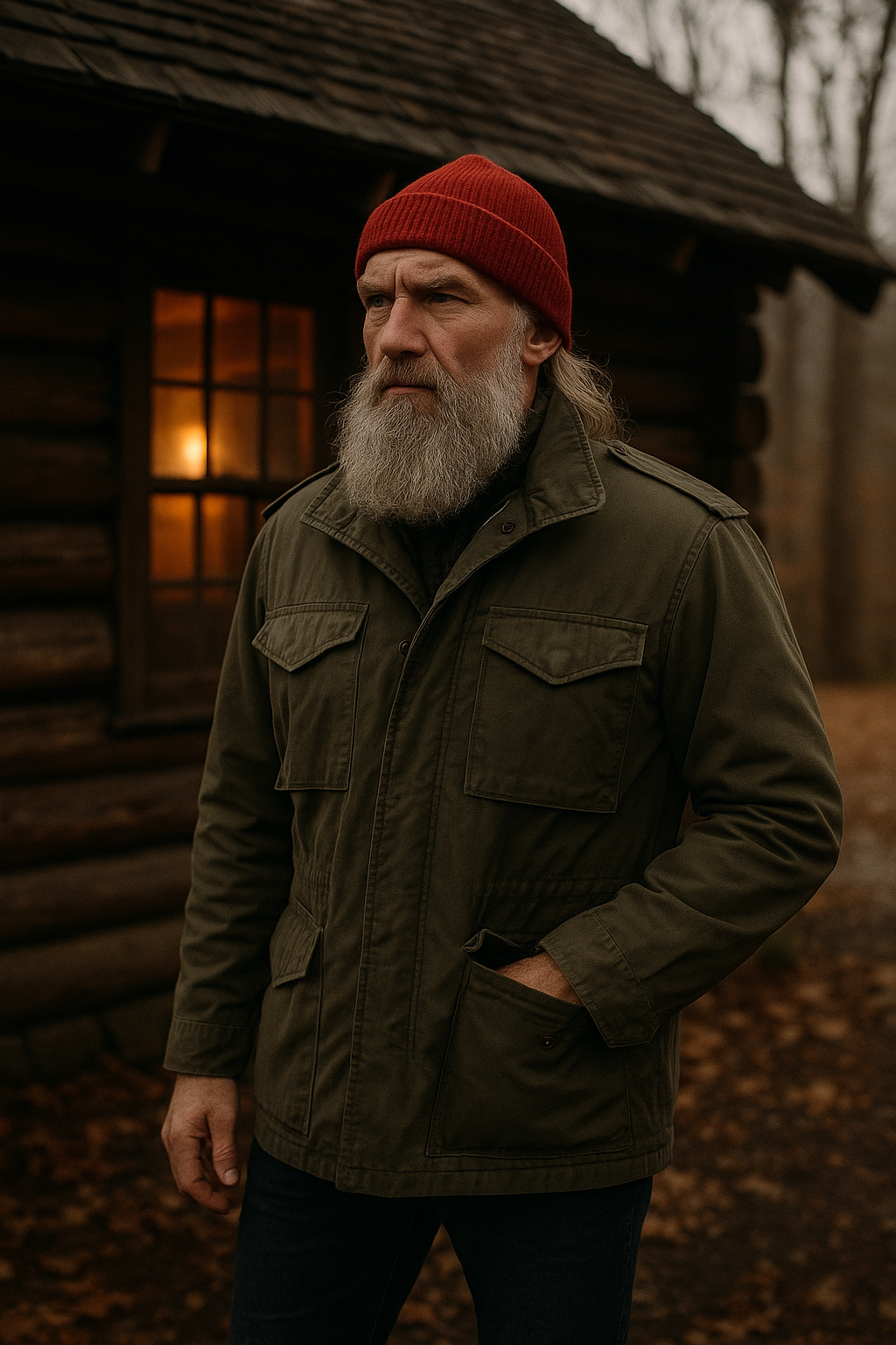 A man with a gray beard wearing a red knit beanie and a green jacket standing outside near a wooden cabin with a lit window during autumn.