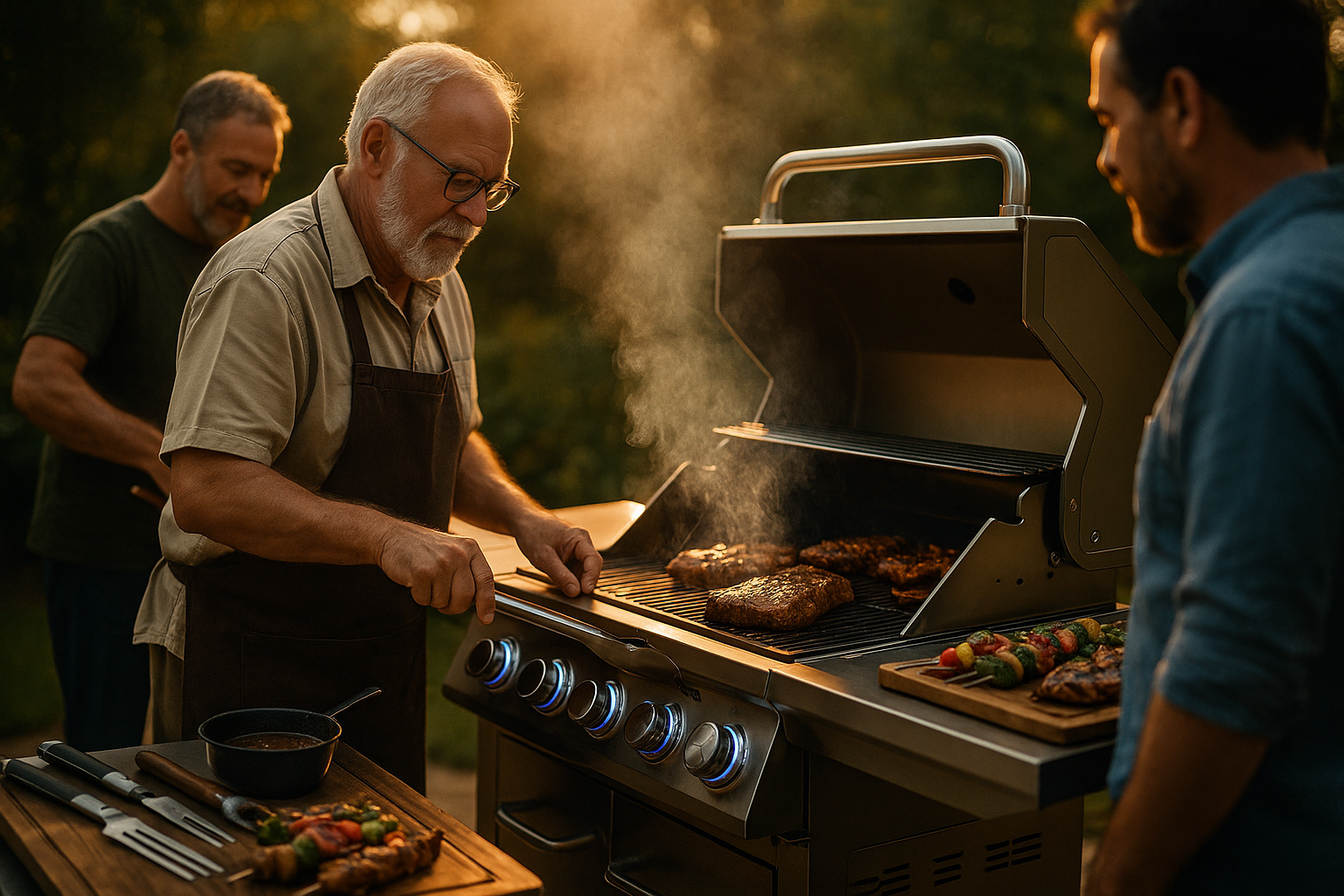 Group of men grilling food outdoors during sunset, with one man tending the barbecue and others preparing food nearby.