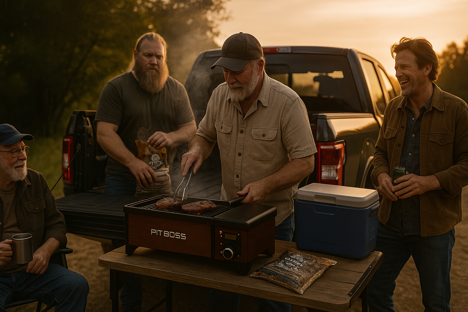 Men gathered outdoors at sunset, grilling steaks on a portable grill, with a pickup truck in the background, enjoying a casual cookout.