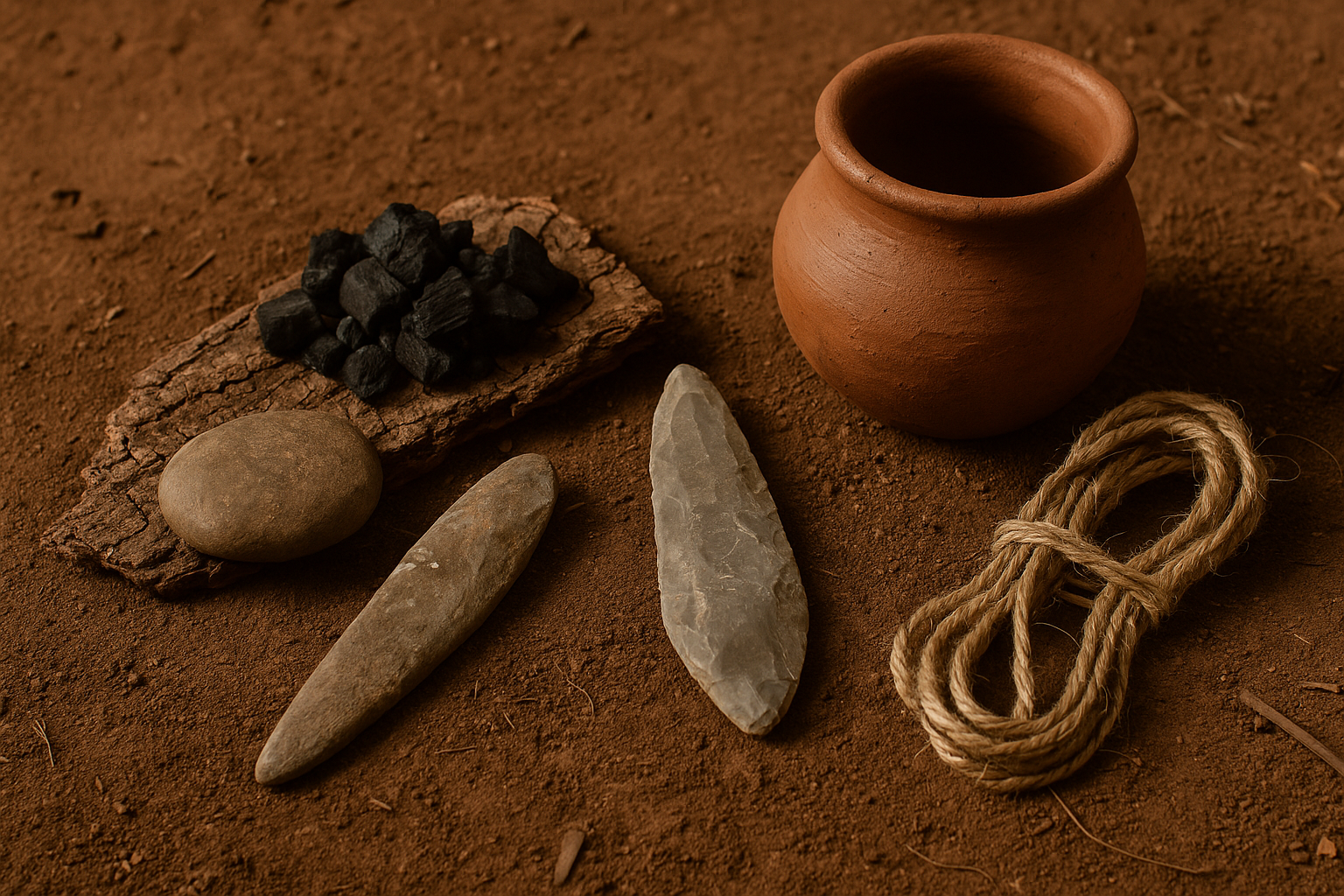 Set of natural objects including a clay pot, a black colored pile of charcoal on wood, a smooth oval stone, a pointed stone, a translucent soapstone, and a coiled rope on a dirt surface.