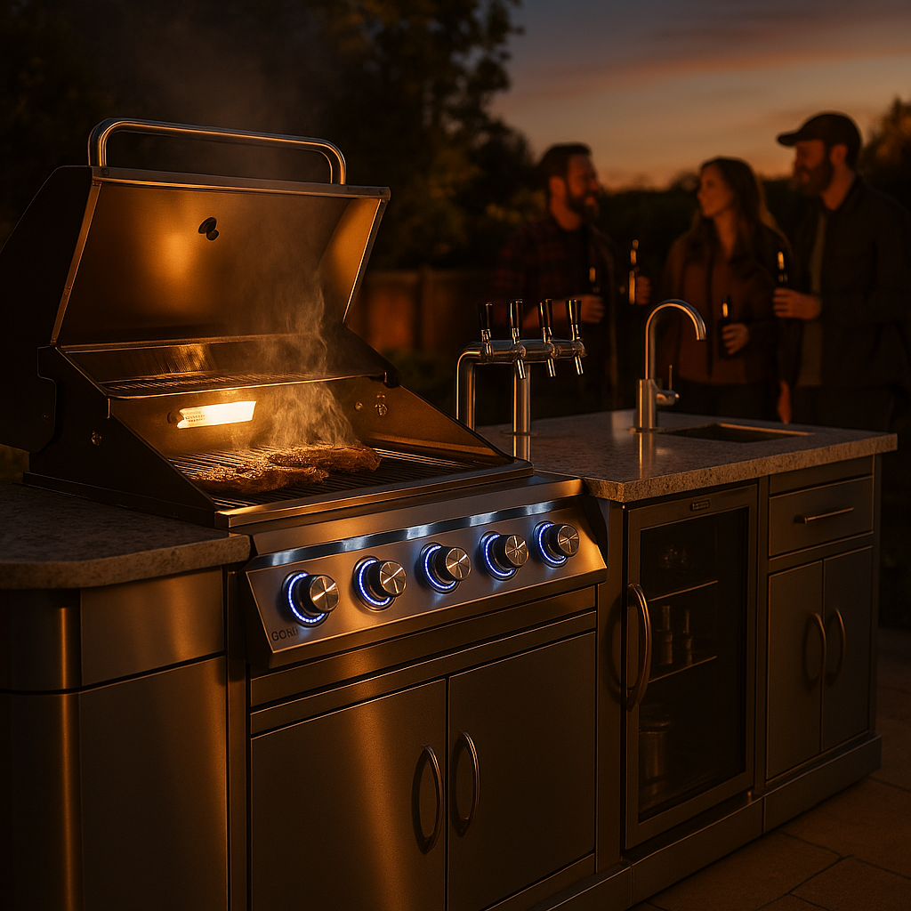 Outdoor kitchen with a stainless steel grill cooking meat at sunset, with three people in the background holding drinks and talking.